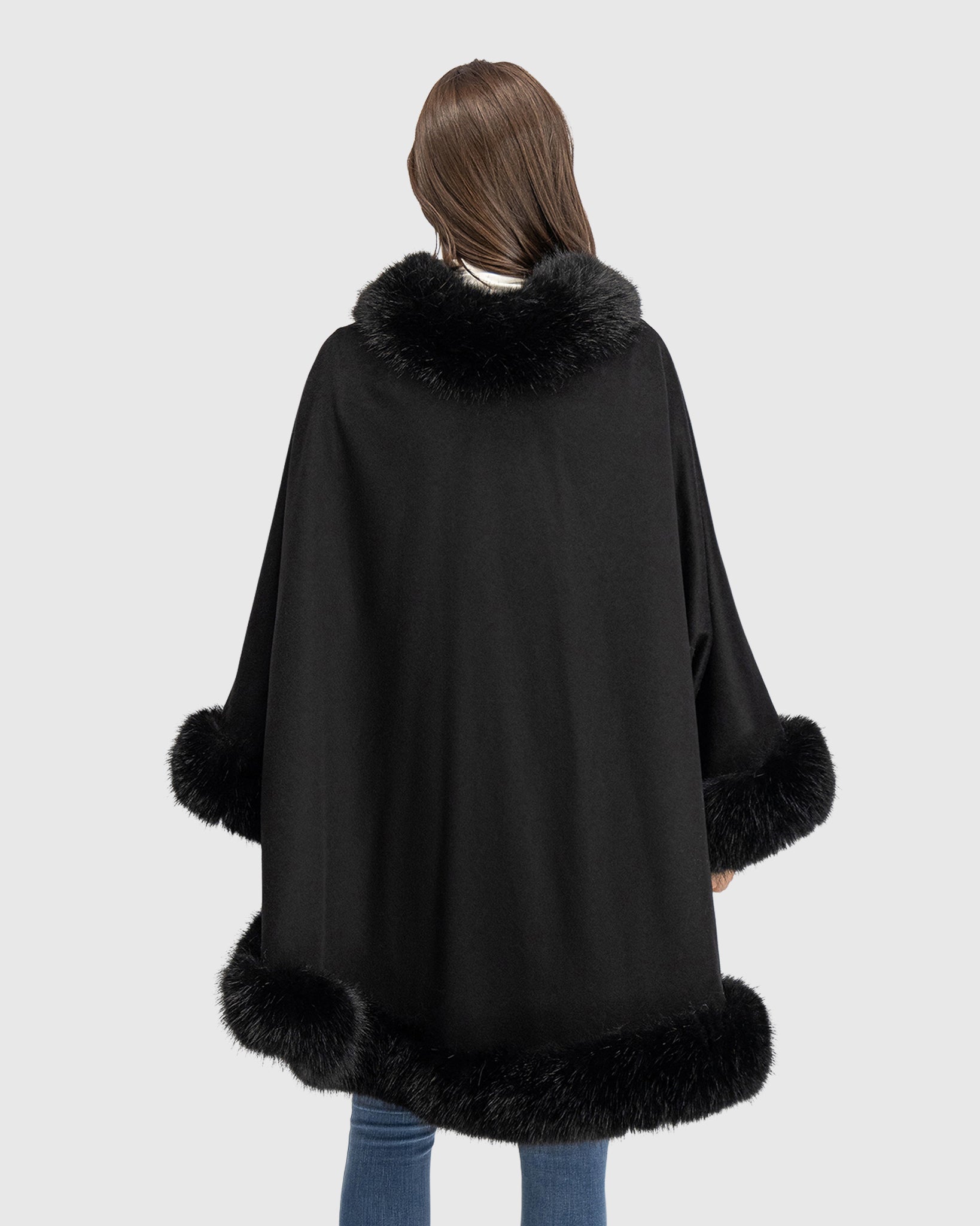 CASHMERE & WOOL BLEND CAPE WITH FUR-FREE FOX (FAUX FUR) TRIM