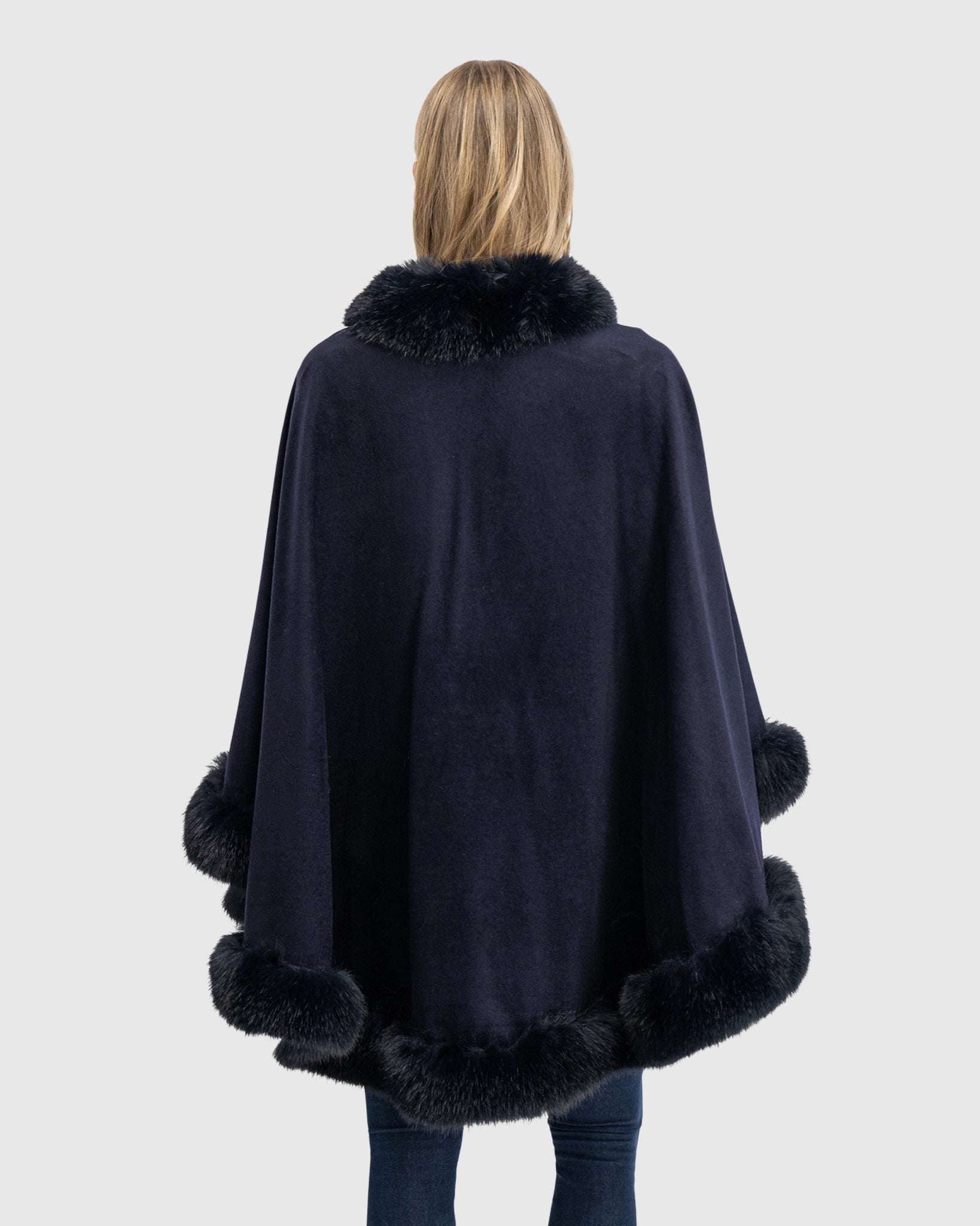 CASHMERE & WOOL BLEND CAPE WITH FUR-FREE FOX (FAUX FUR) TRIM