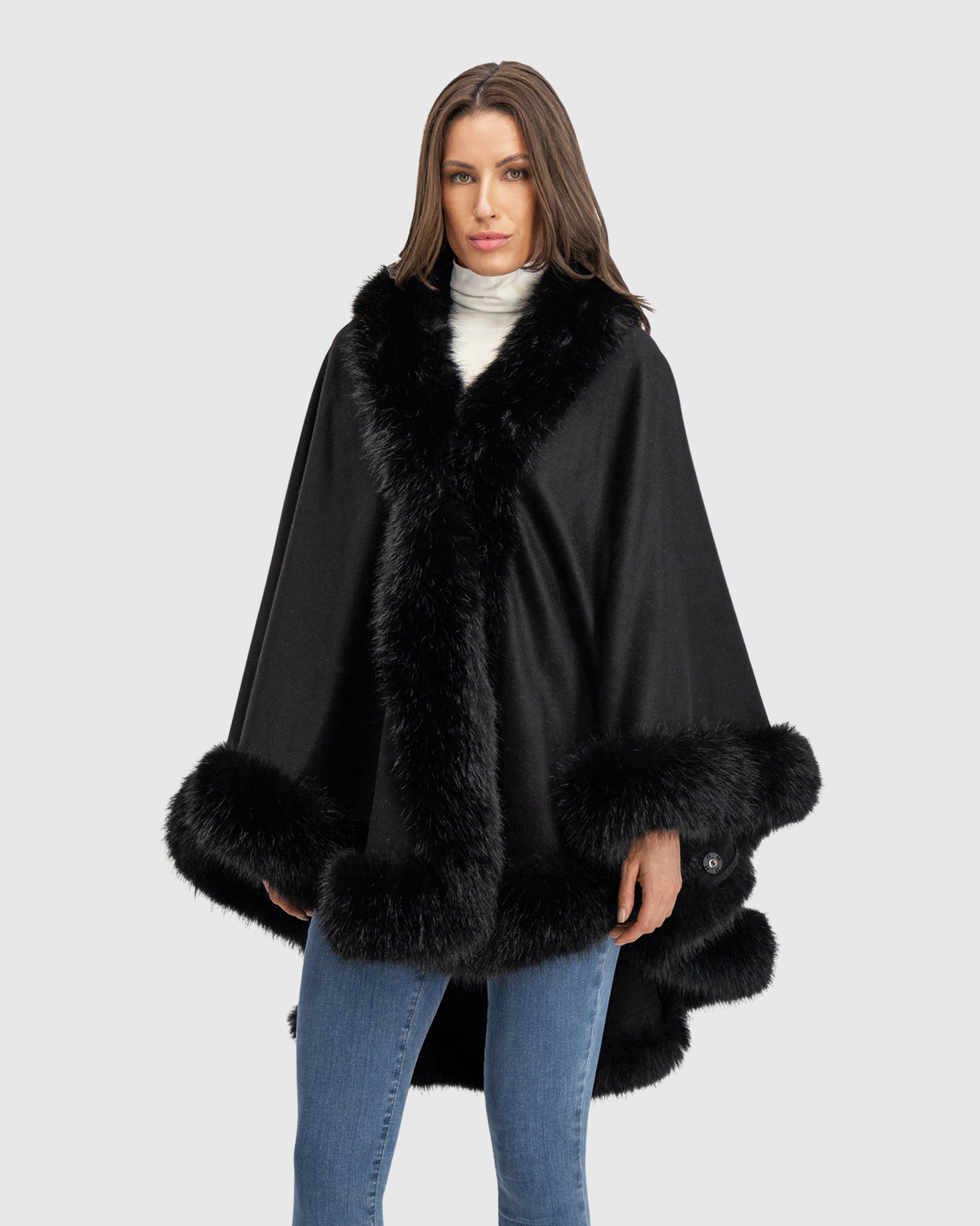 CASHMERE & WOOL BLEND CAPE WITH FUR-FREE FOX (FAUX FUR) TRIM