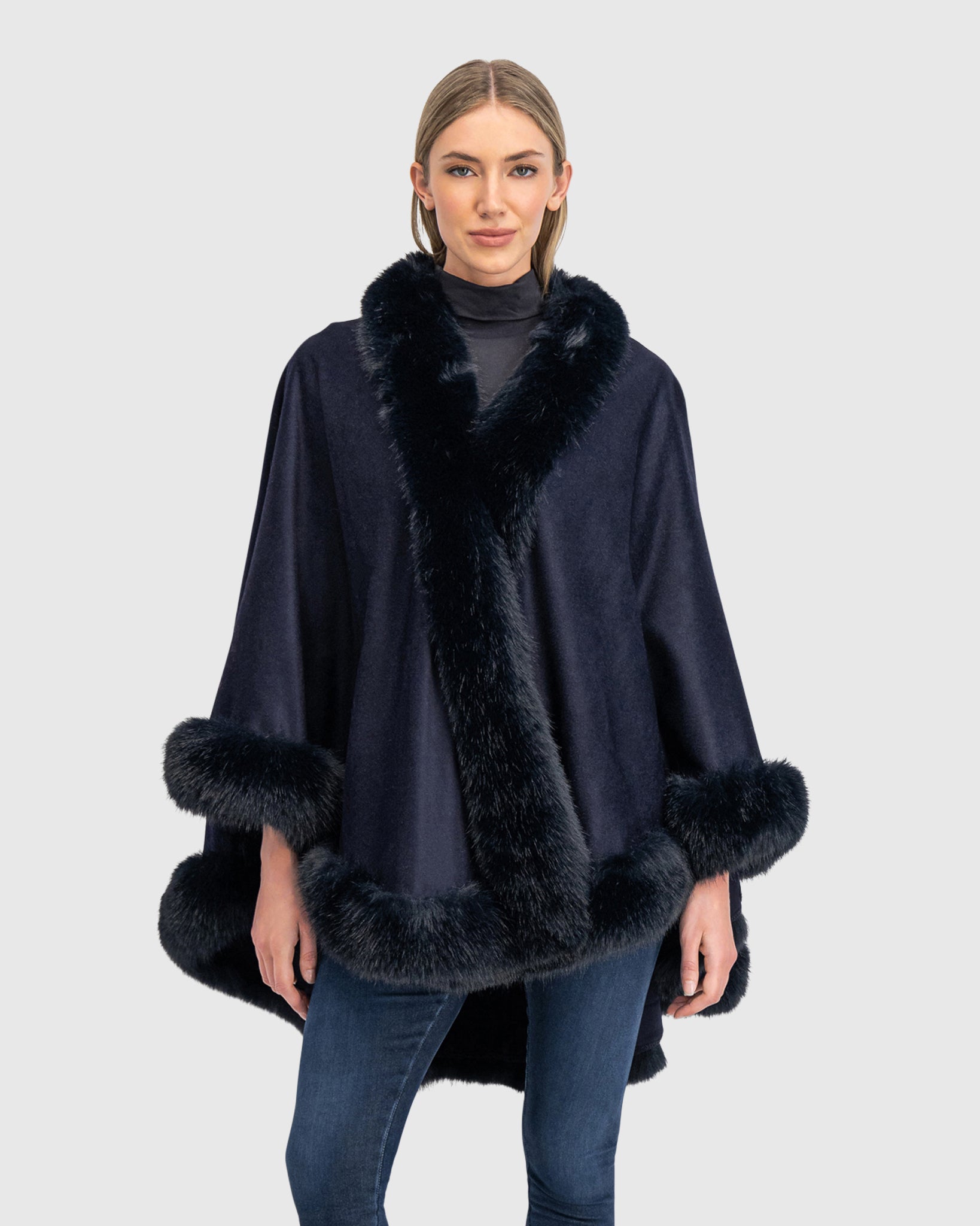 CASHMERE & WOOL BLEND CAPE WITH FUR-FREE FOX (FAUX FUR) TRIM