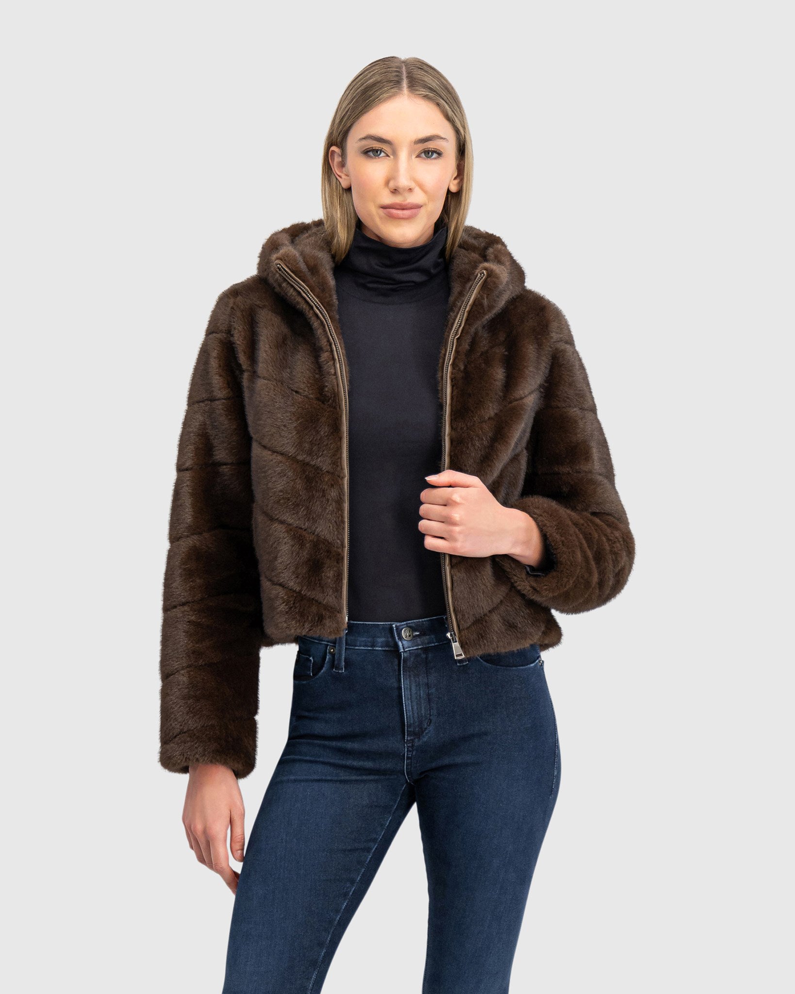 FUR-FREE MINK (FAUX FUR) HOODED JACKET