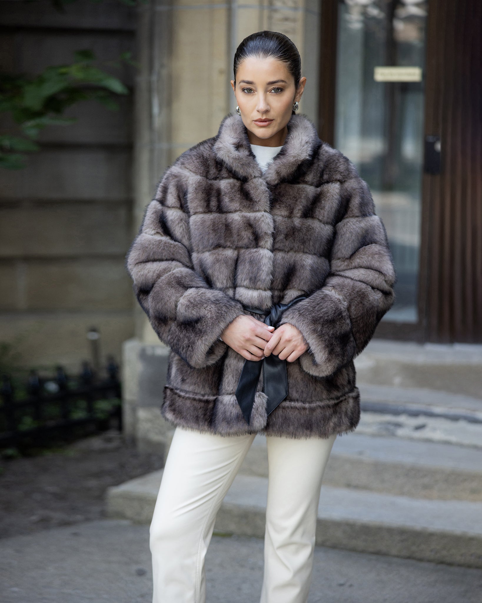 FUR-FREE SABLE (FAUX FUR) JACKET, BELT