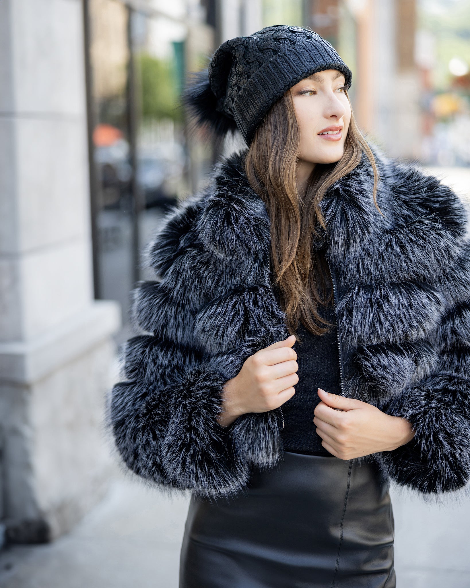 KNIT BEANIE HAT WITH FUR-FREE FOX (FAUX FUR) POMPOM