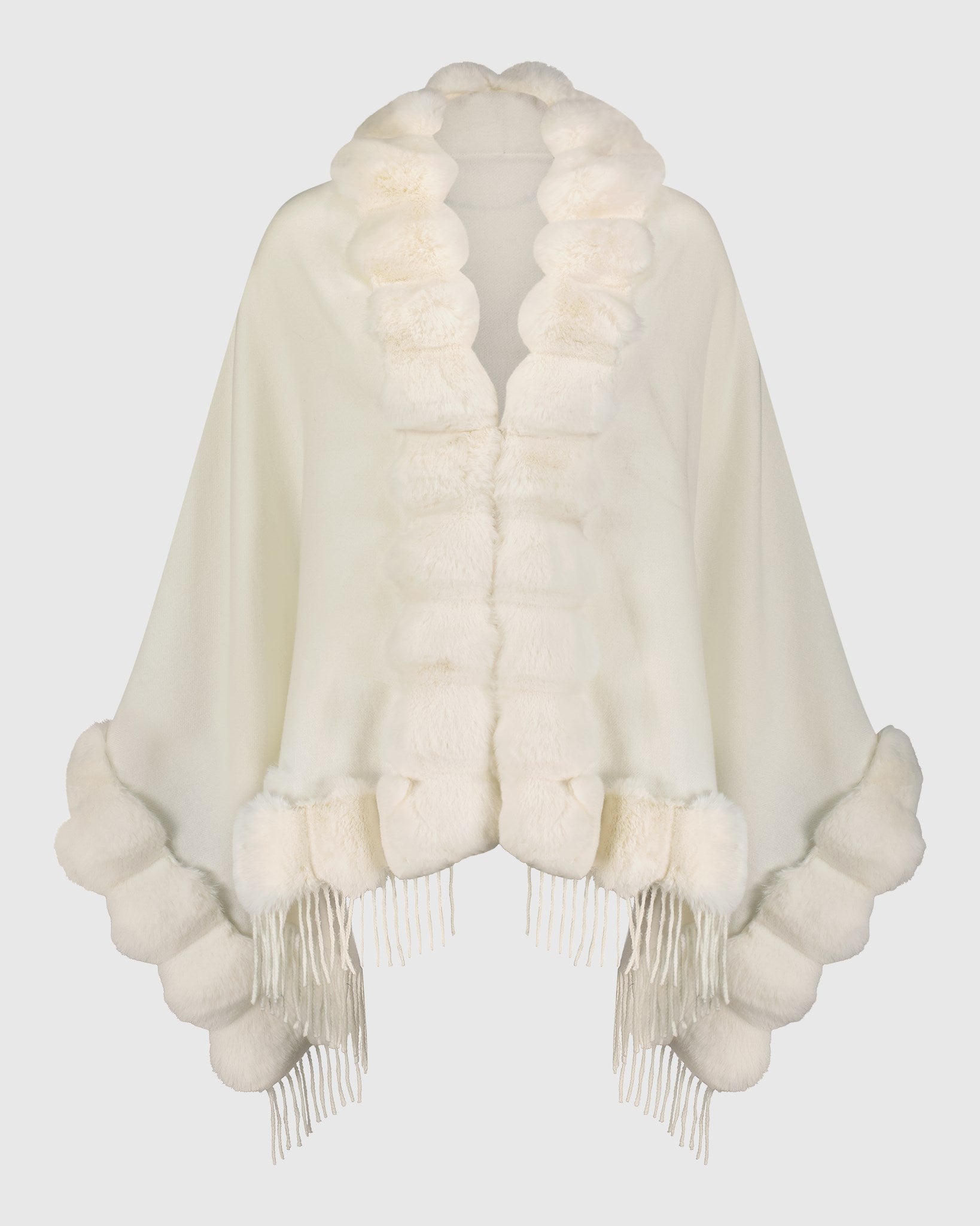 CASHMERE & WOOL BLEND CAPE WITH FUR-FREE CHINCHILLA (FAUX FUR) TRIM