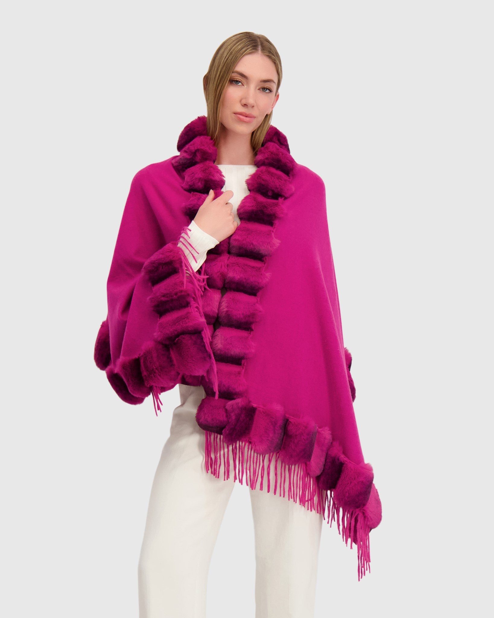 CASHMERE & WOOL BLEND CAPE WITH FUR-FREE CHINCHILLA (FAUX FUR) TRIM
