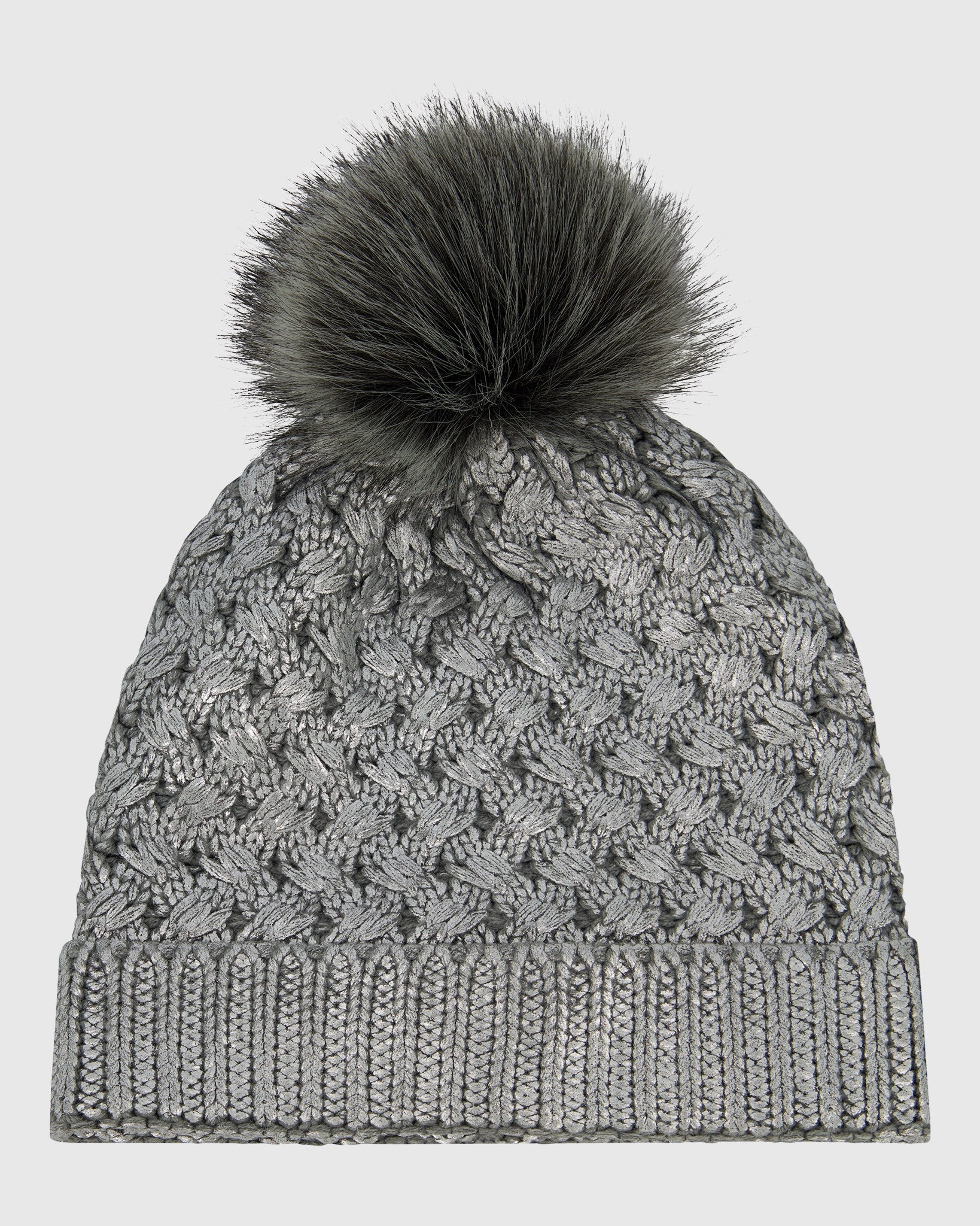 KNIT BEANIE HAT WITH FUR-FREE FOX (FAUX FUR) POMPOM