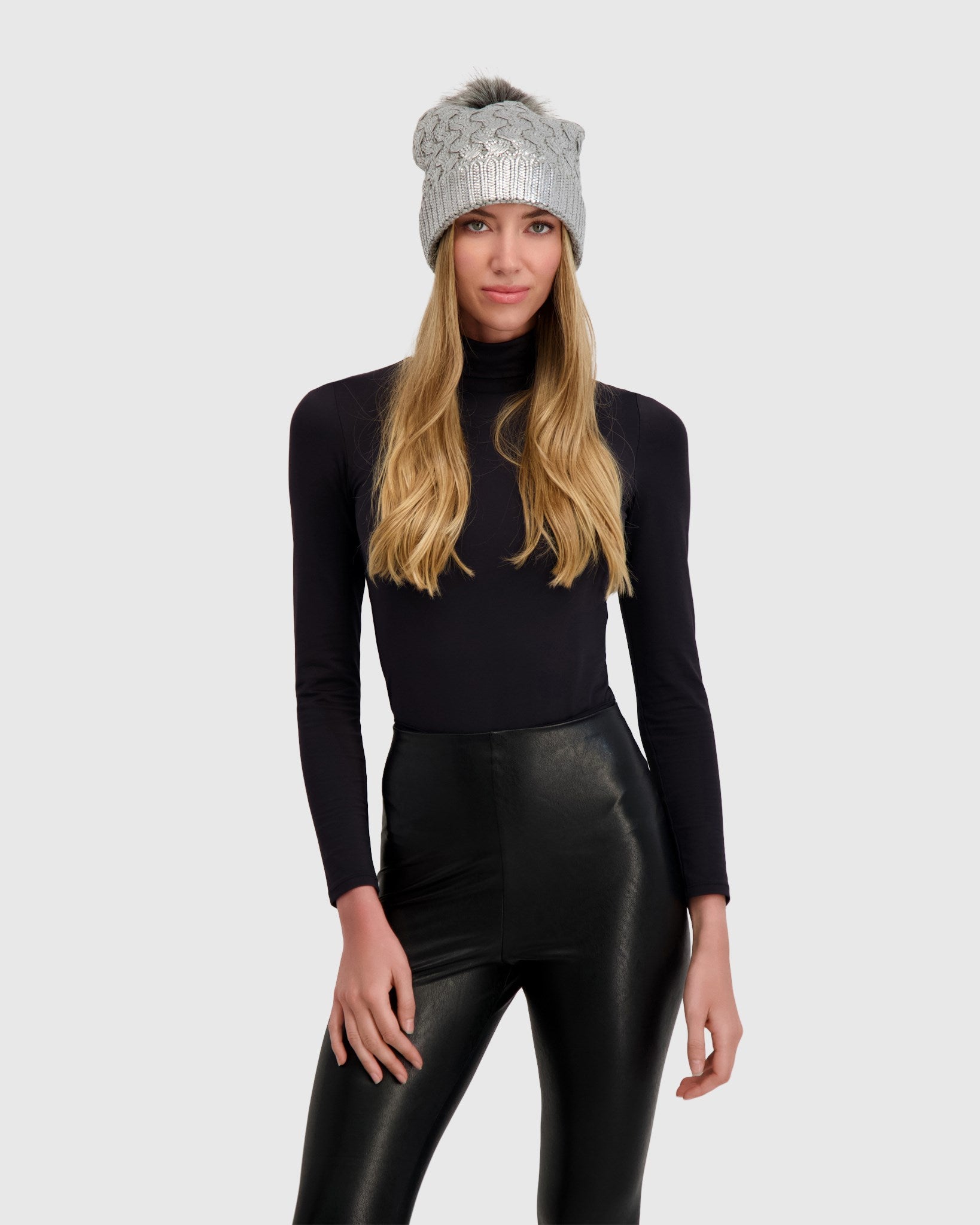 KNIT BEANIE HAT WITH FUR-FREE FOX (FAUX FUR) POMPOM