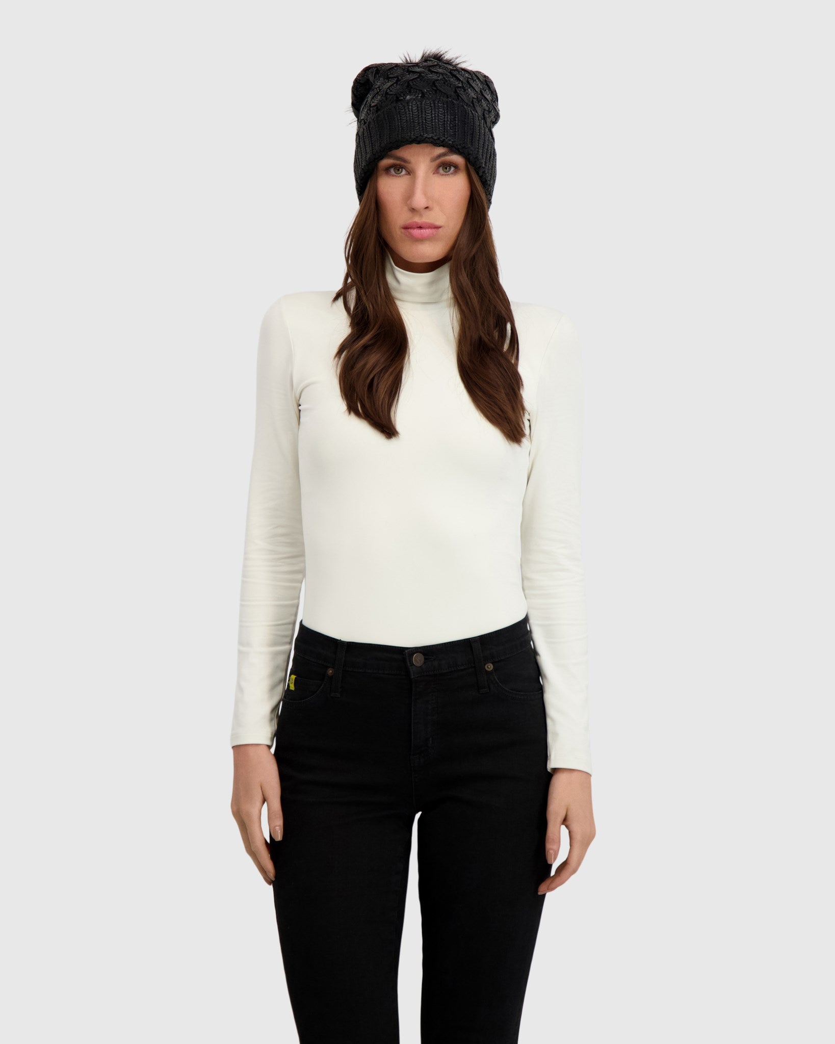 KNIT BEANIE HAT WITH FUR-FREE FOX (FAUX FUR) POMPOM