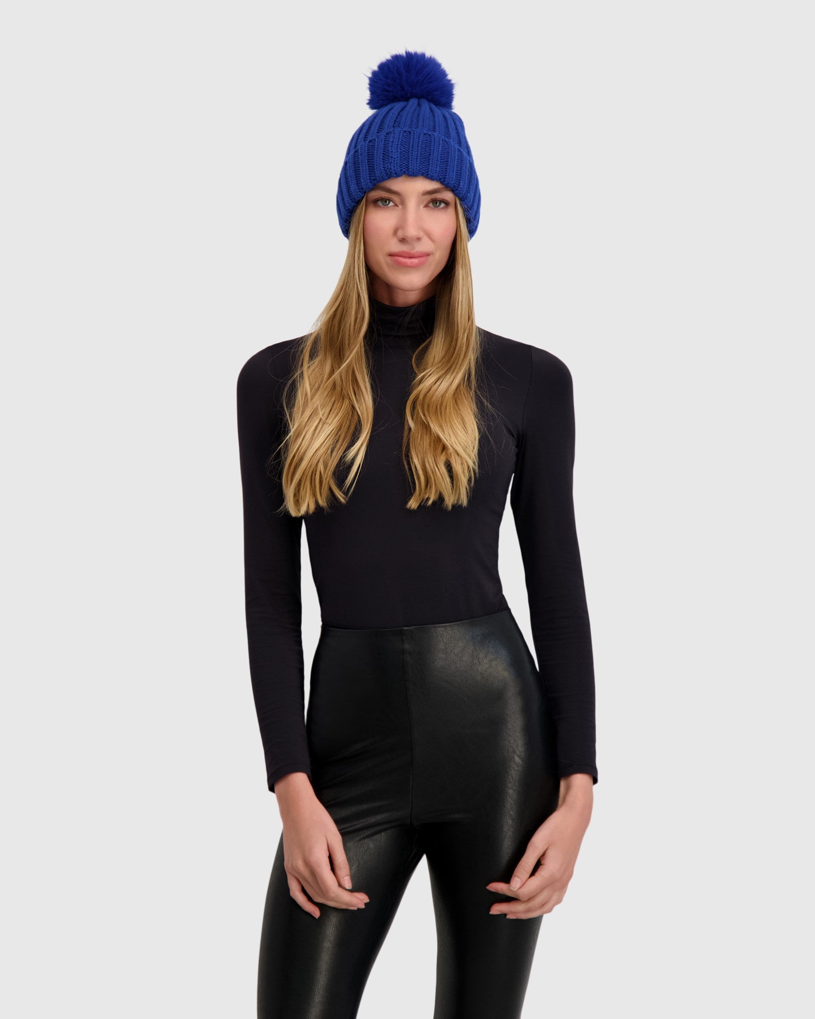 KNIT BEANIE HAT WITH FUR-FREE FOX (FAUX FUR) POMPOM