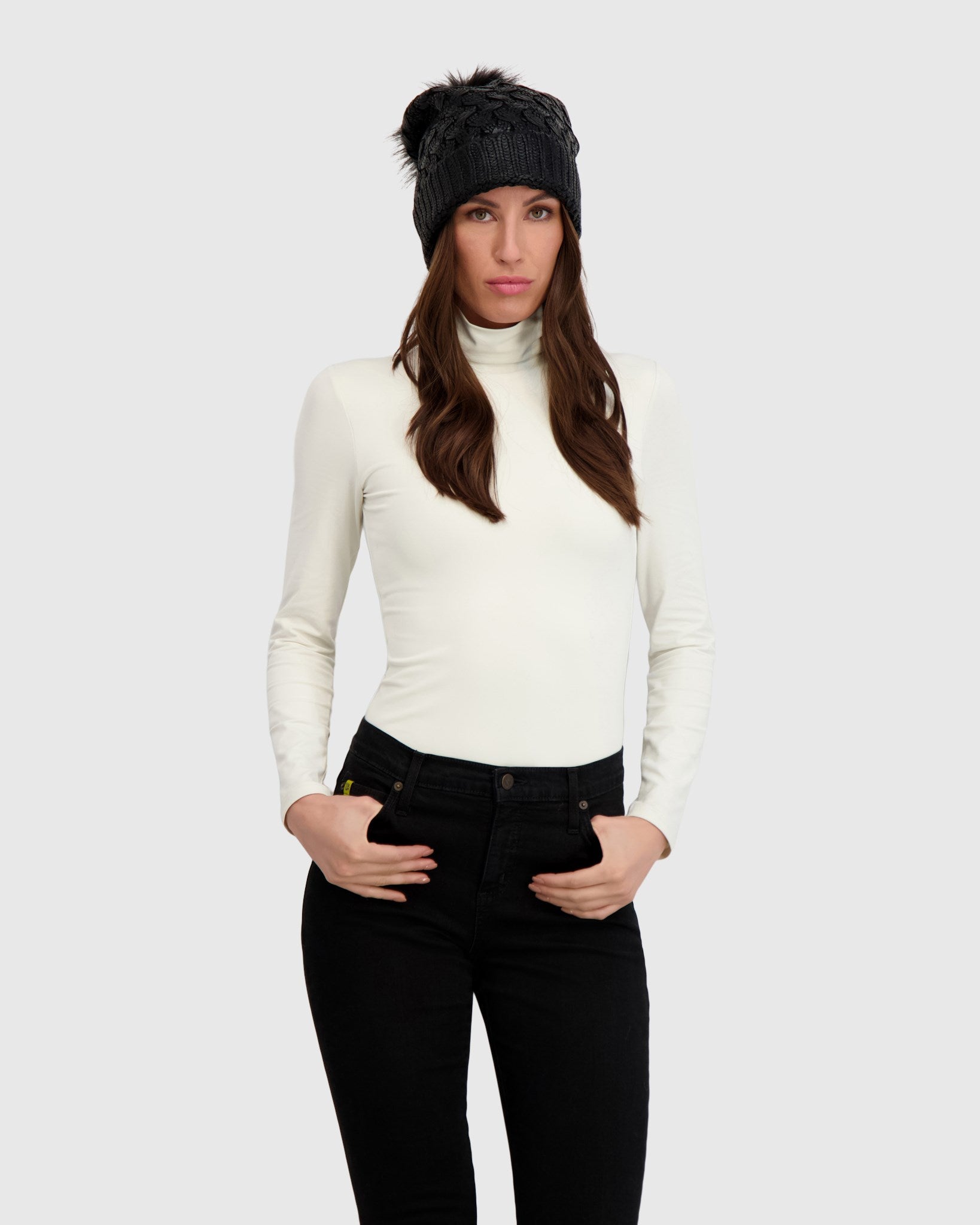 KNIT BEANIE HAT WITH FUR-FREE FOX (FAUX FUR) POMPOM