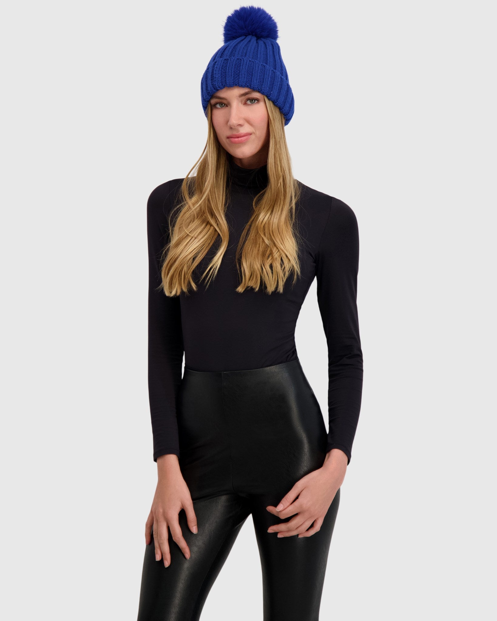 KNIT BEANIE HAT WITH FUR-FREE FOX (FAUX FUR) POMPOM