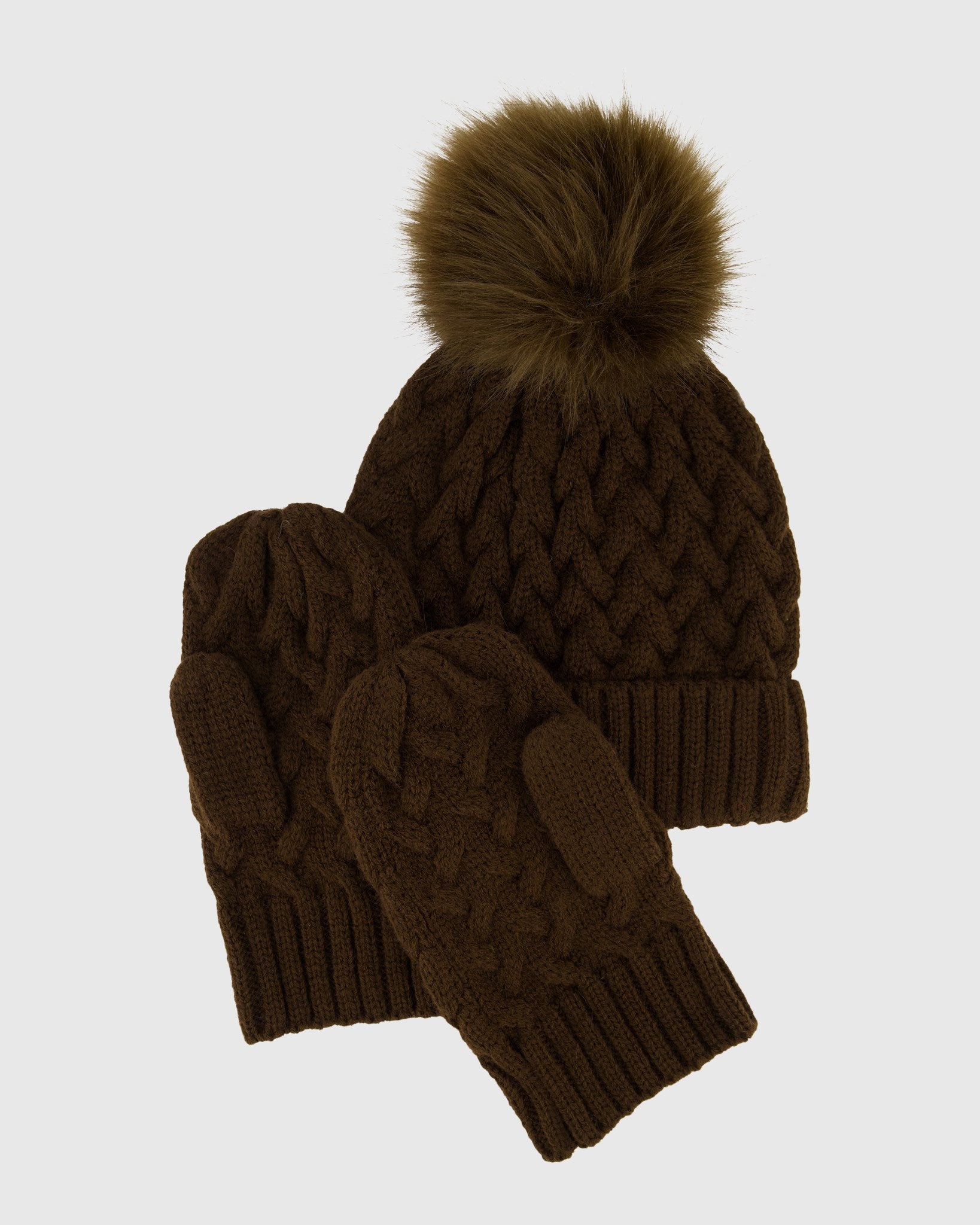 SET - KNIT HAT WITH FUR-FREE FOX (FAUX FUR) POMPOM AND KNIT GLOVES