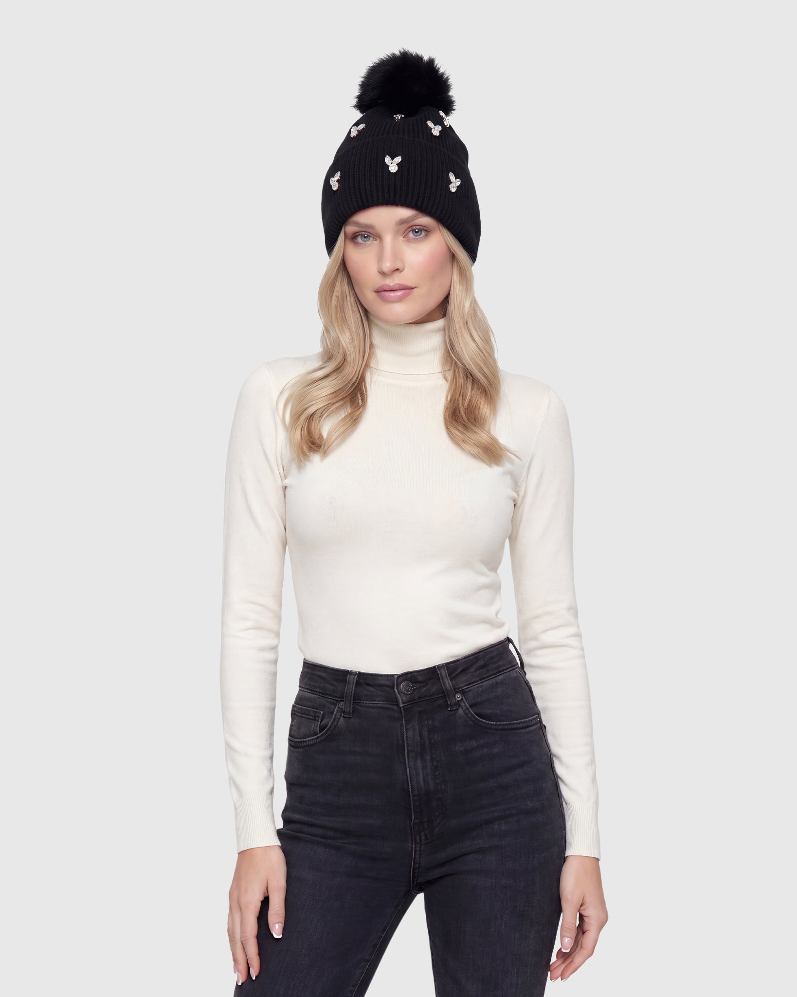 KNIT BEANIE HAT WITH FUR-FREE FOX (FAUX FUR) POMPOM