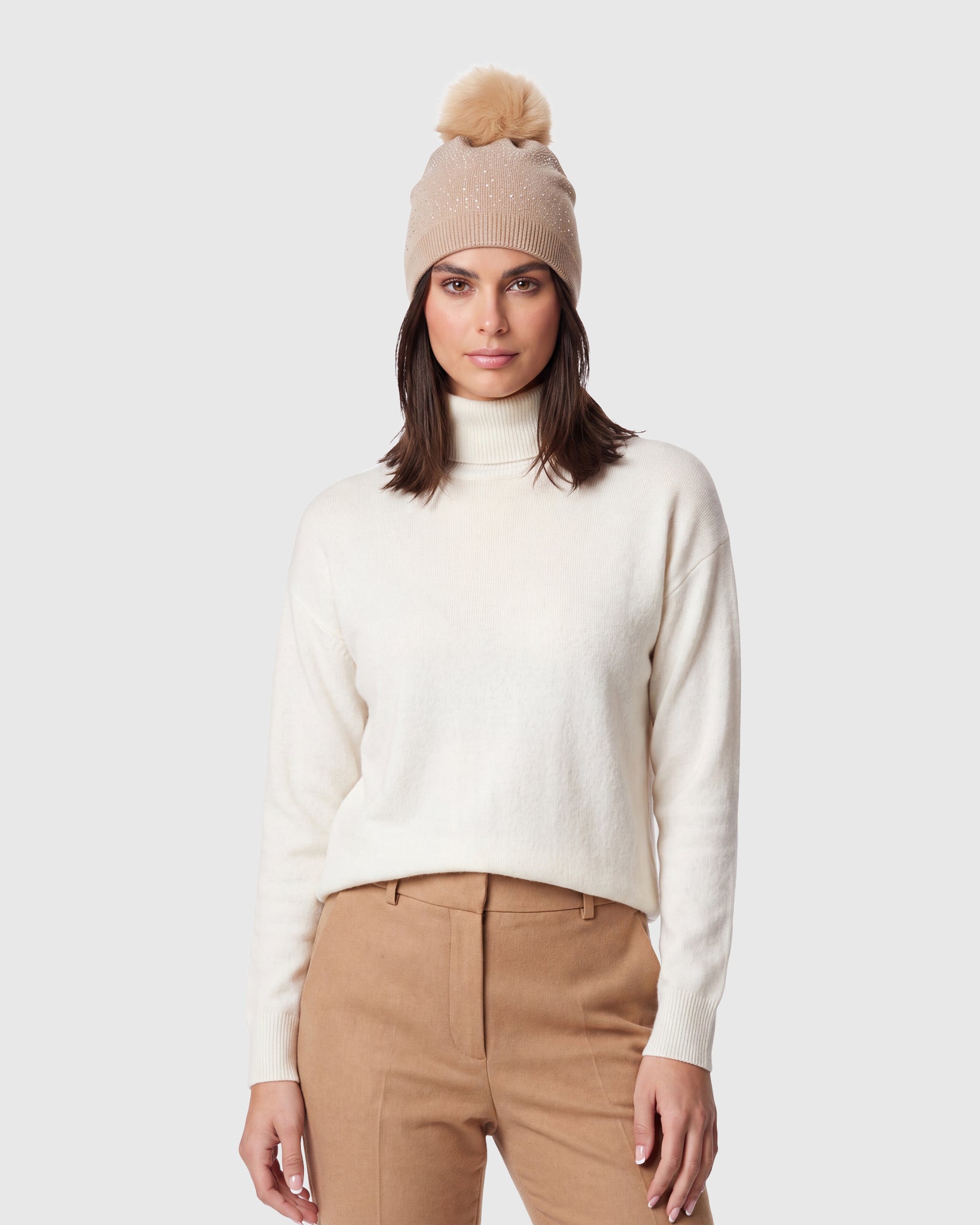KNIT BEANIE HAT WITH FUR-FREE FOX (FAUX FUR) POMPOM
