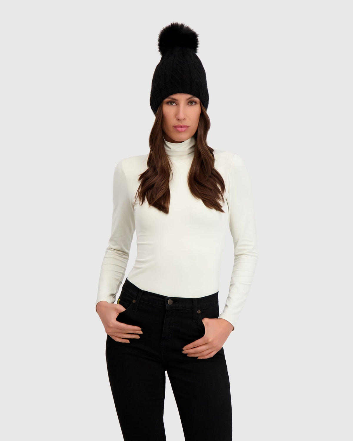 KNIT BEANIE HAT WITH FUR-FREE FOX (FAUX FUR) POMPOM - BLACK/BLACK