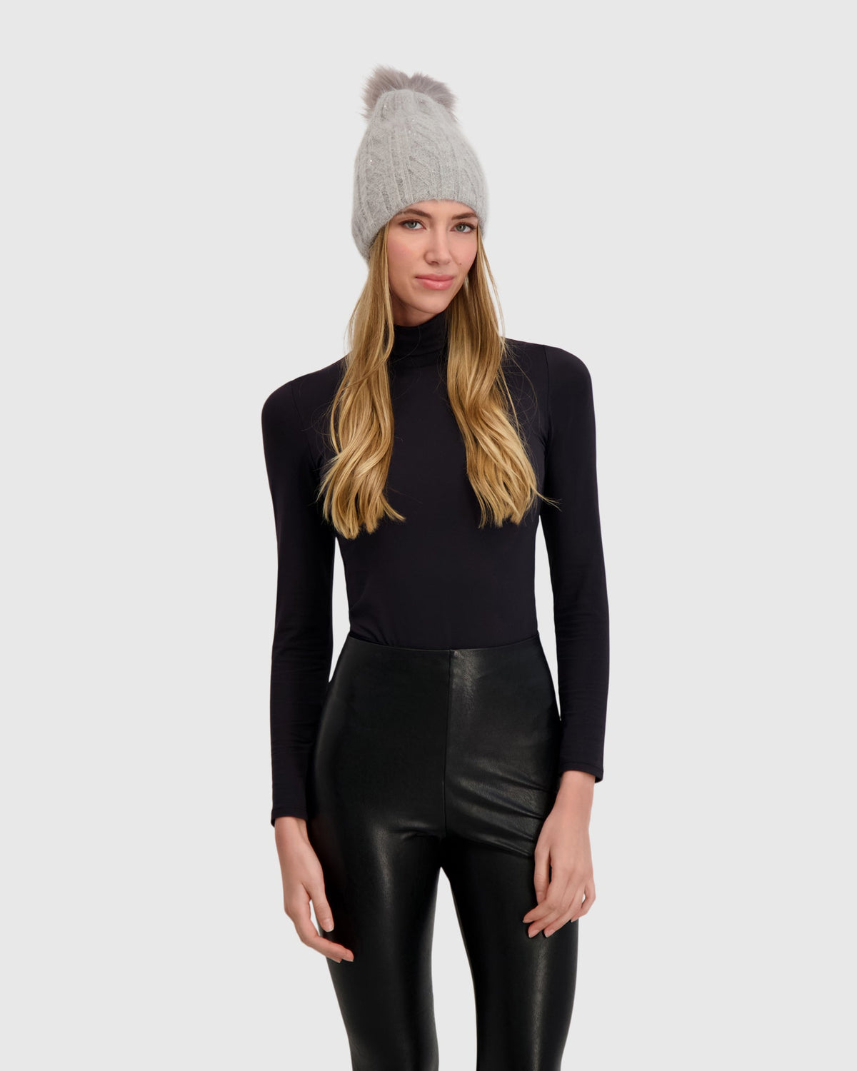 KNIT BEANIE HAT WITH FUR-FREE FOX (FAUX FUR) POMPOM - GRAY/GRAY