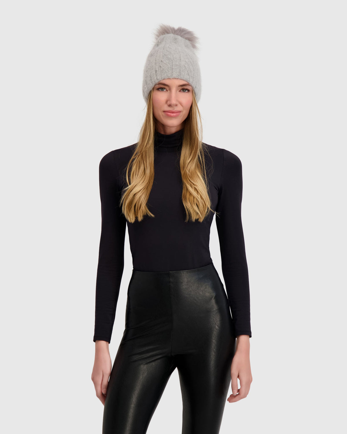 KNIT BEANIE HAT WITH FUR-FREE FOX (FAUX FUR) POMPOM - GRAY/GRAY