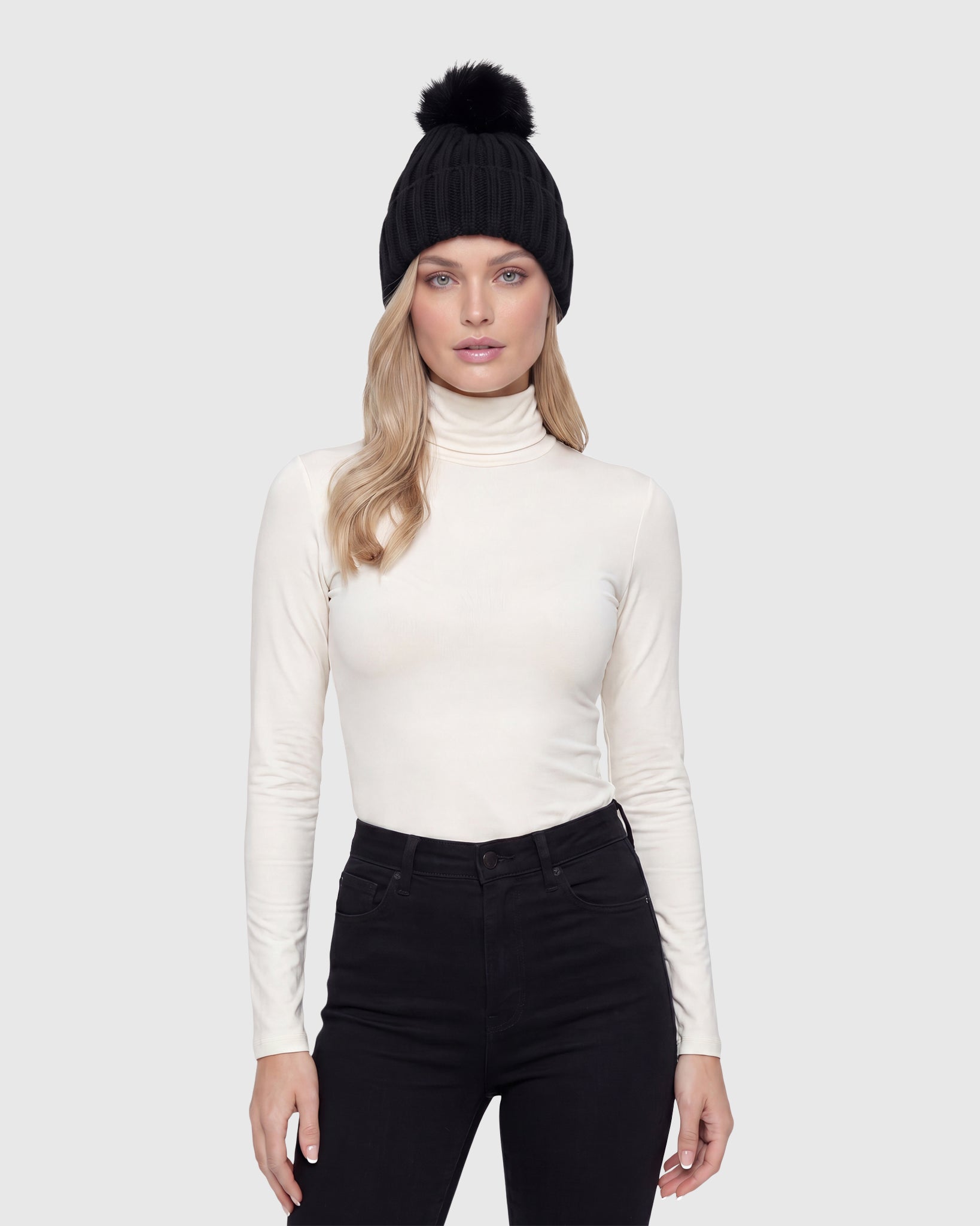 KNIT BEANIE HAT WITH FUR-FREE FOX (FAUX FUR) POMPOM