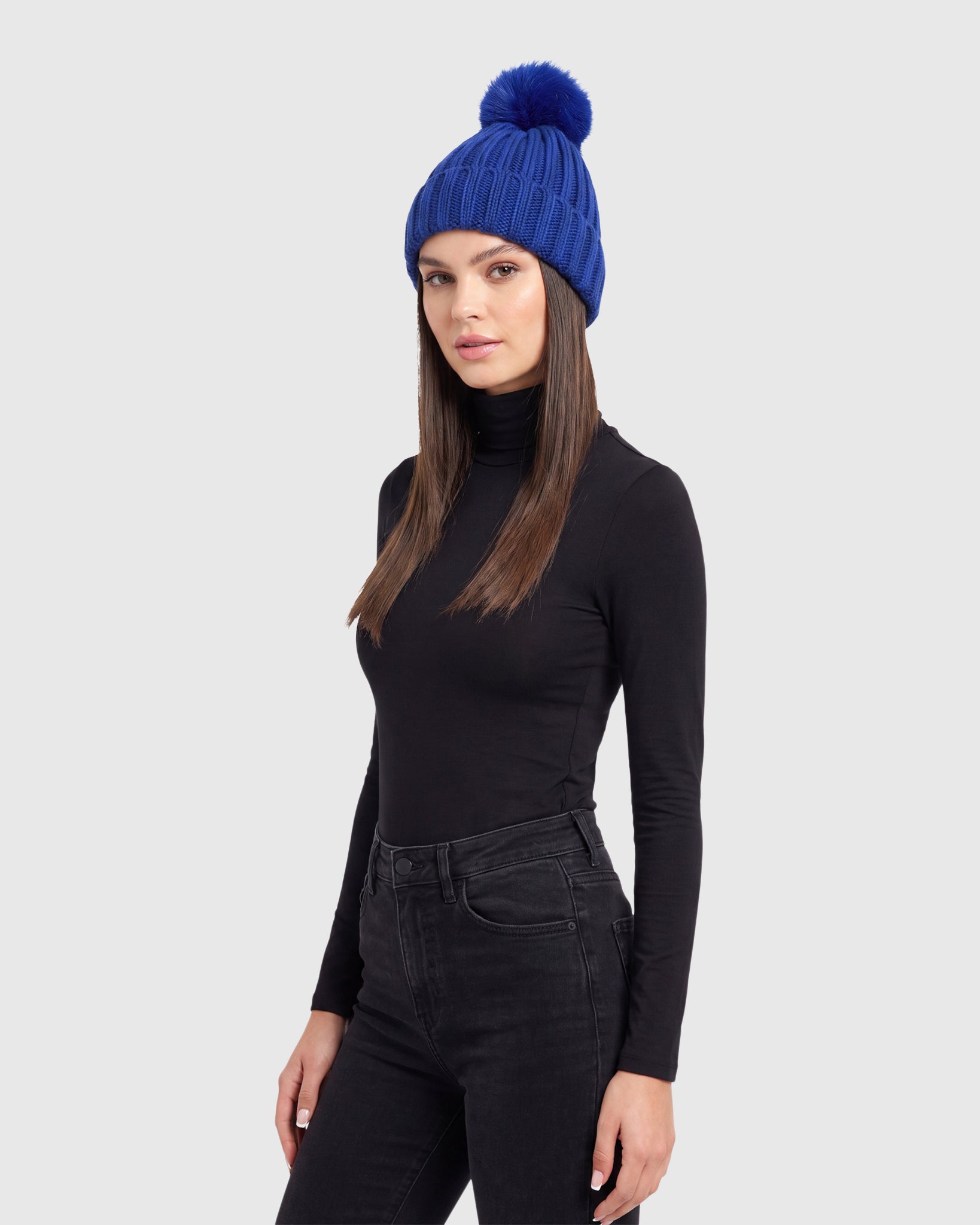 KNIT BEANIE HAT WITH FUR-FREE FOX (FAUX FUR) POMPOM