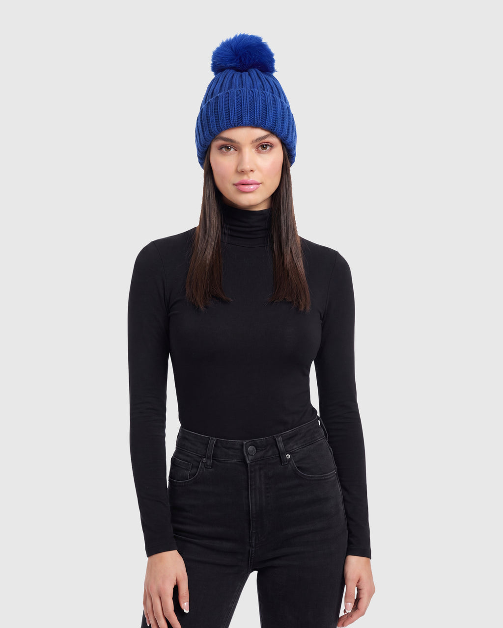 KNIT BEANIE HAT WITH FUR-FREE FOX (FAUX FUR) POMPOM