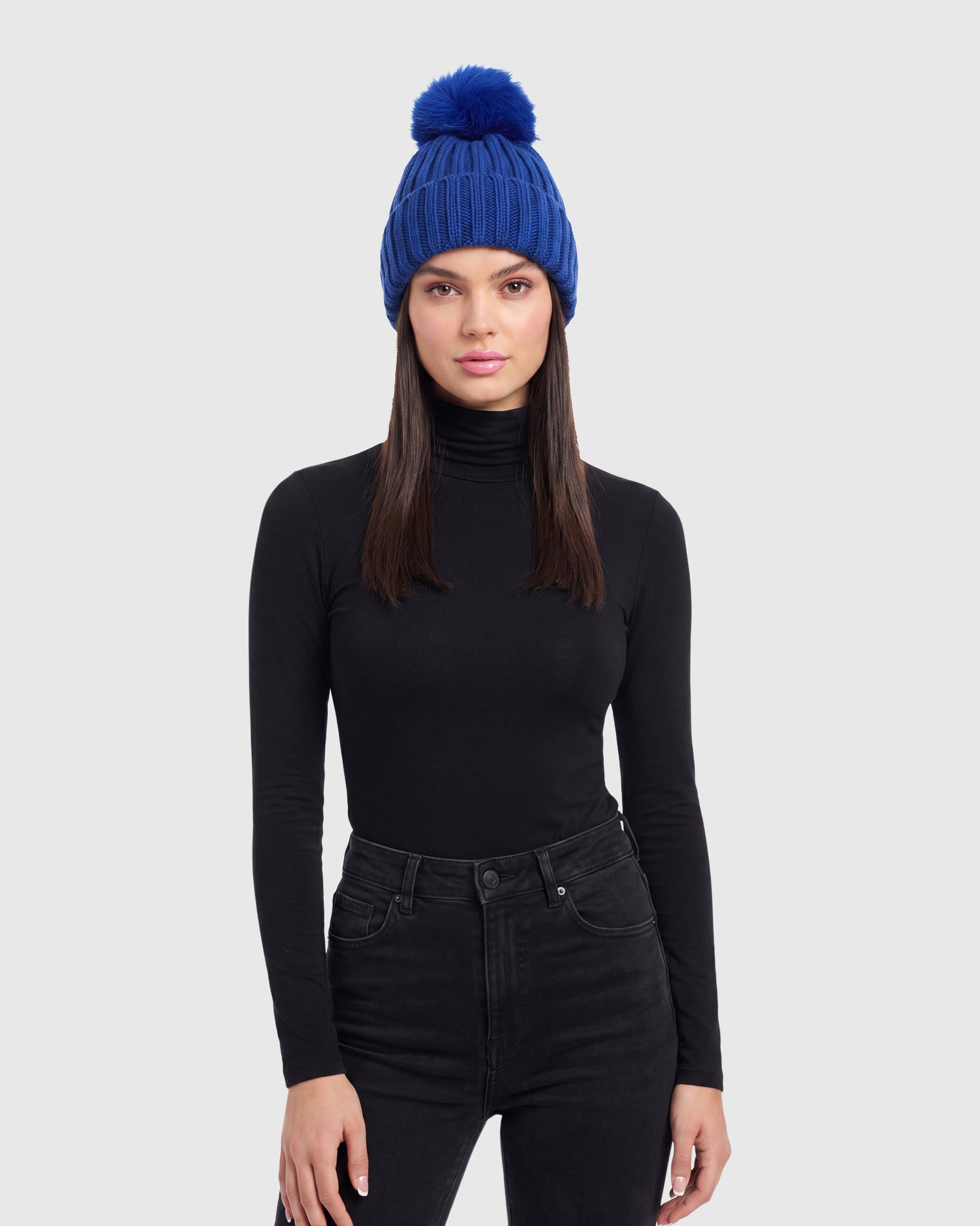 KNIT BEANIE HAT WITH FUR-FREE FOX (FAUX FUR) POMPOM