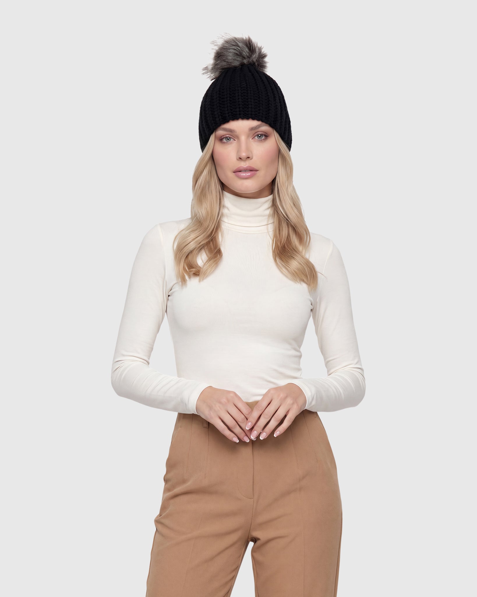 KNIT BEANIE HAT WITH FUR-FREE FOX (FAUX FUR) POMPOM
