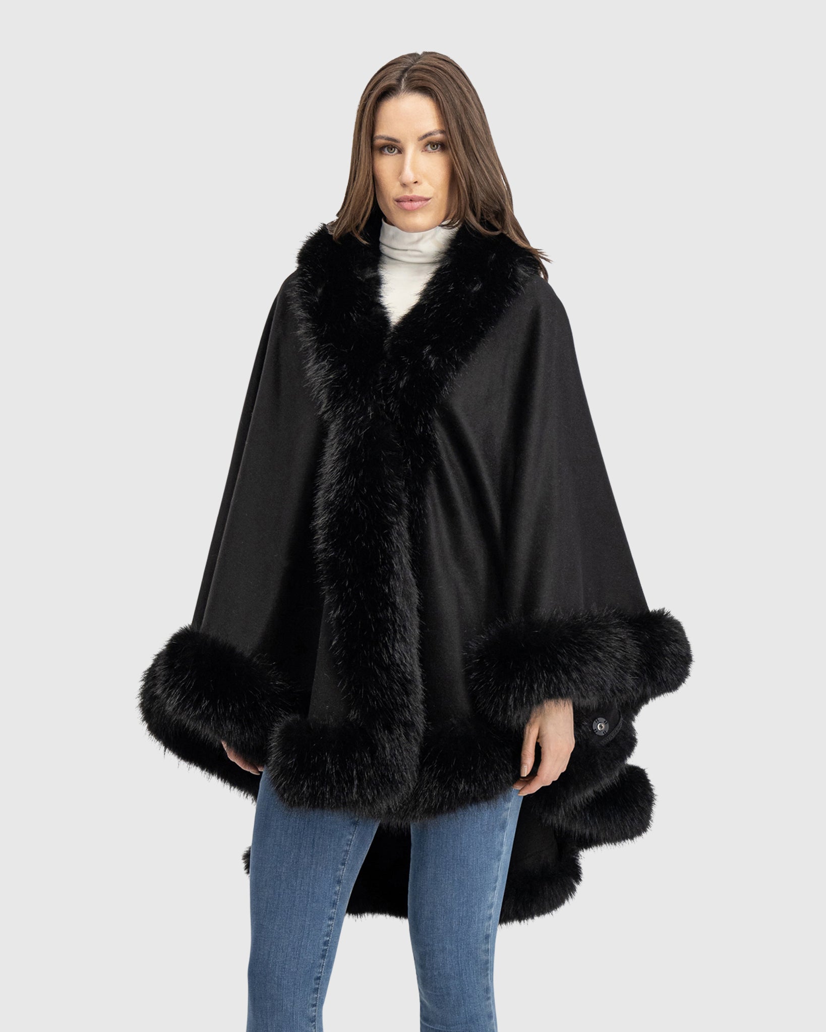CASHMERE & WOOL BLEND CAPE WITH FUR-FREE FOX (FAUX FUR) TRIM