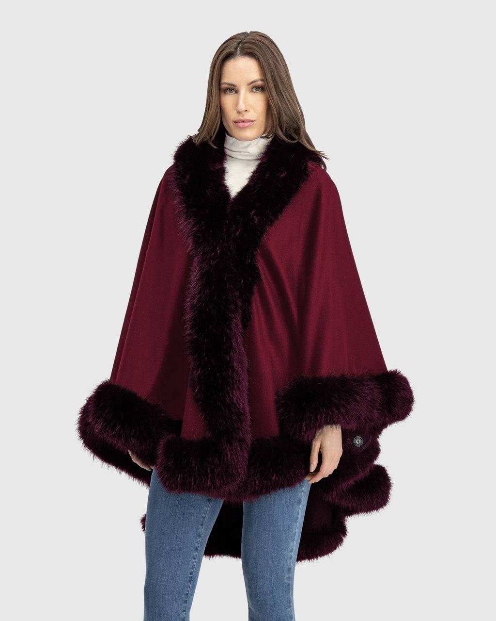 CASHMERE & WOOL BLEND CAPE WITH FUR-FREE FOX (FAUX FUR) TRIM