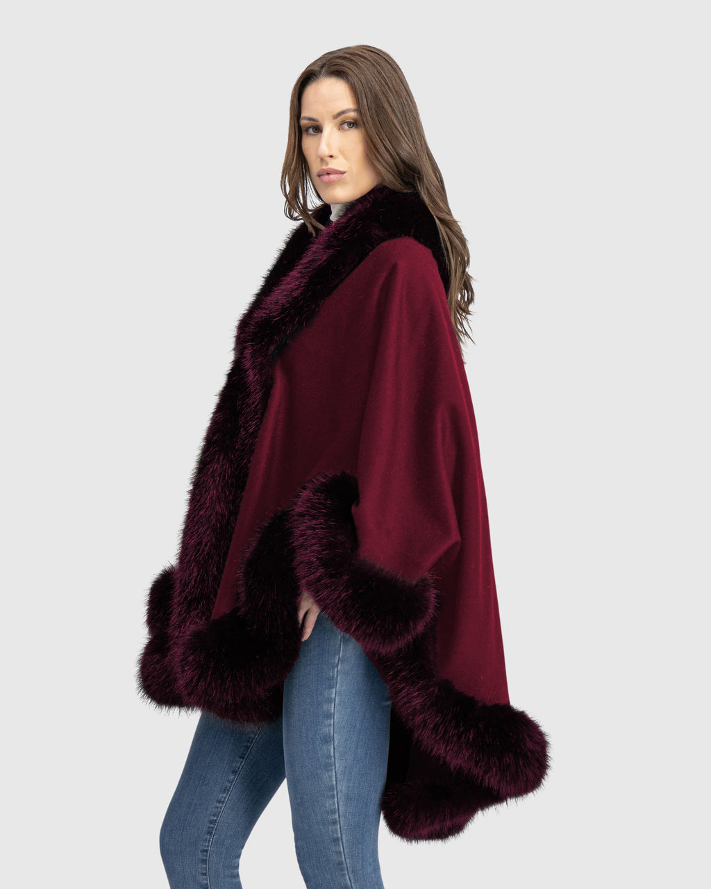 CASHMERE & WOOL BLEND CAPE WITH FUR-FREE FOX (FAUX FUR) TRIM