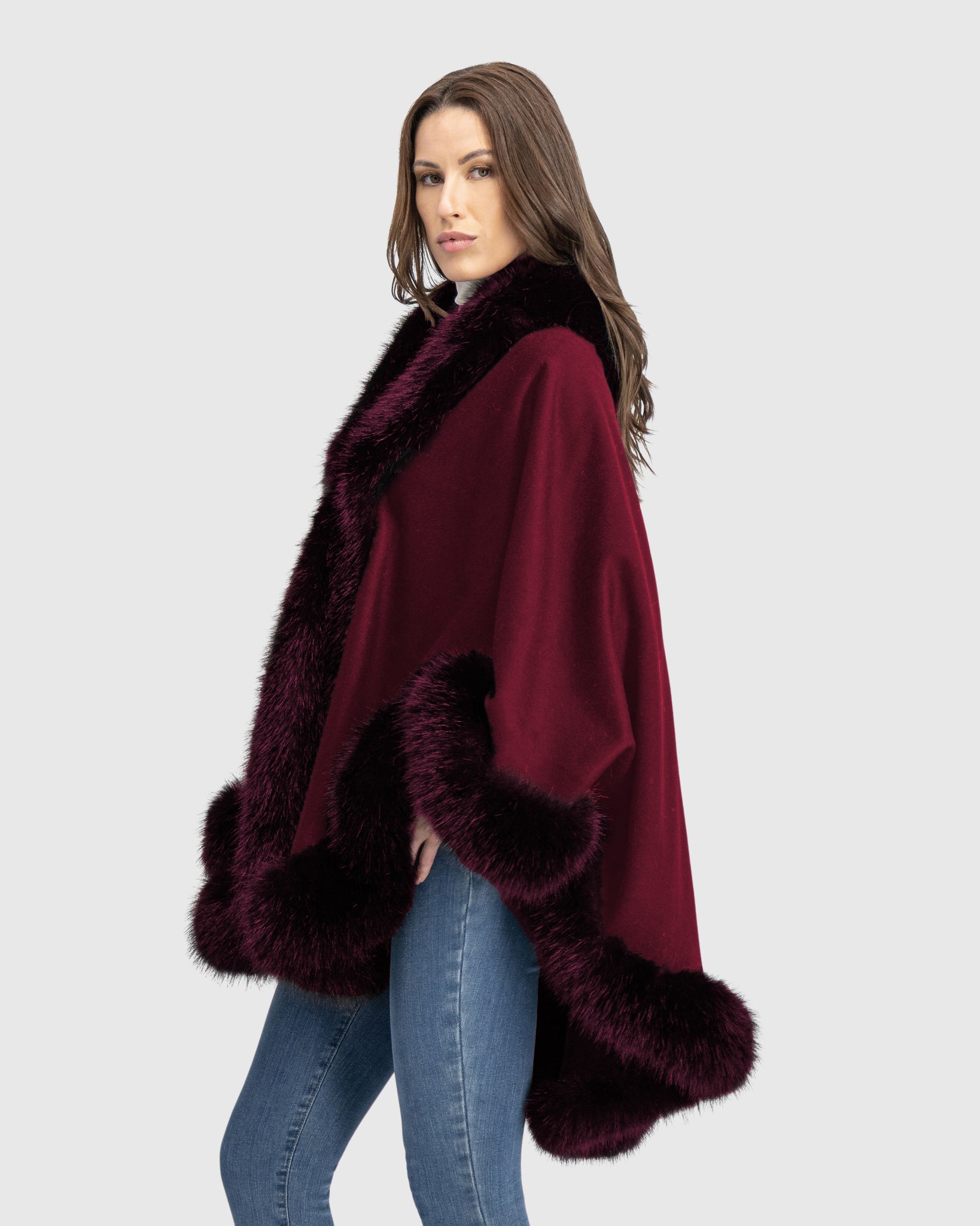 CASHMERE & WOOL BLEND CAPE WITH FUR-FREE FOX (FAUX FUR) TRIM