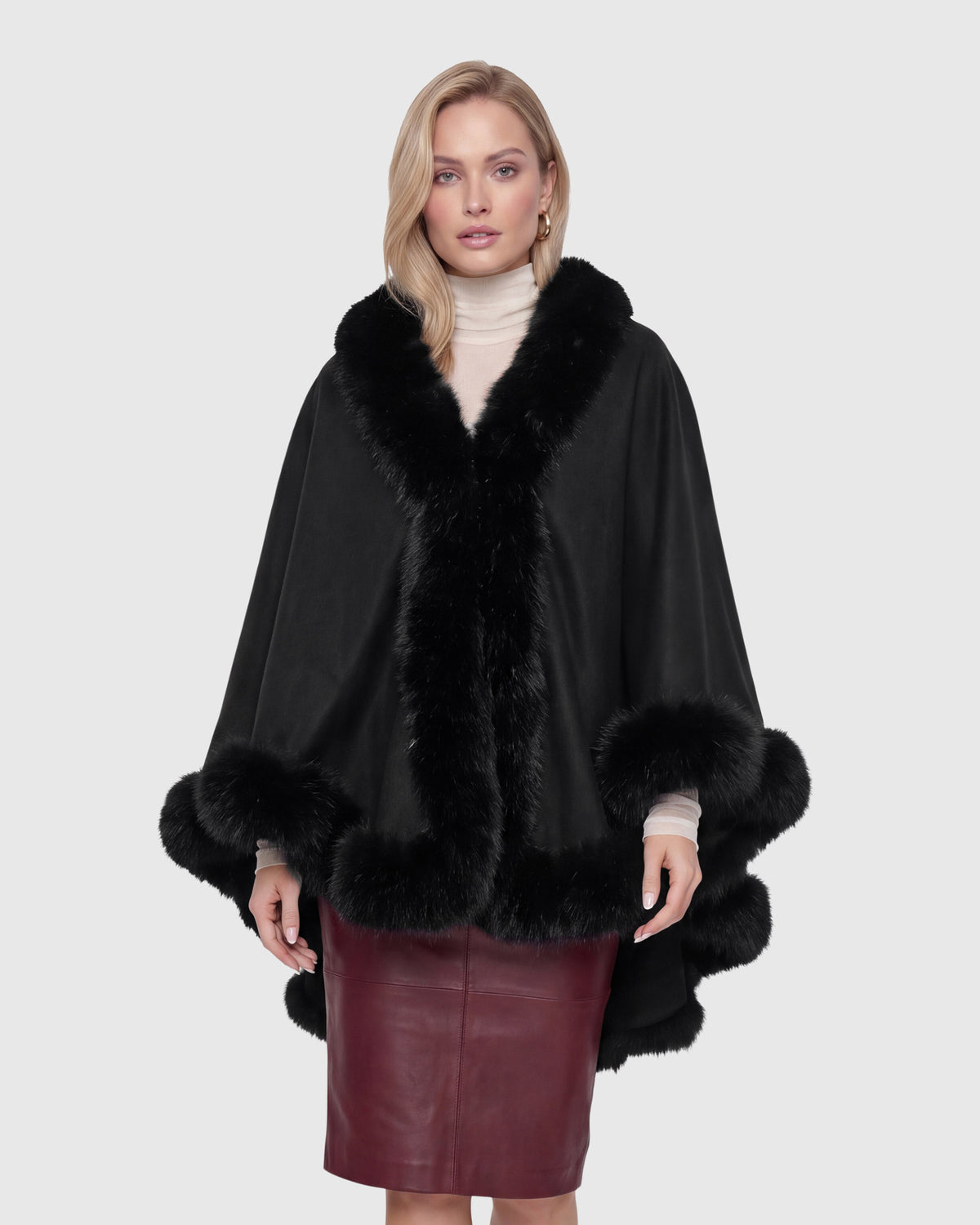 CASHMERE & WOOL BLEND CAPE WITH FUR-FREE FOX (FAUX FUR) TRIM