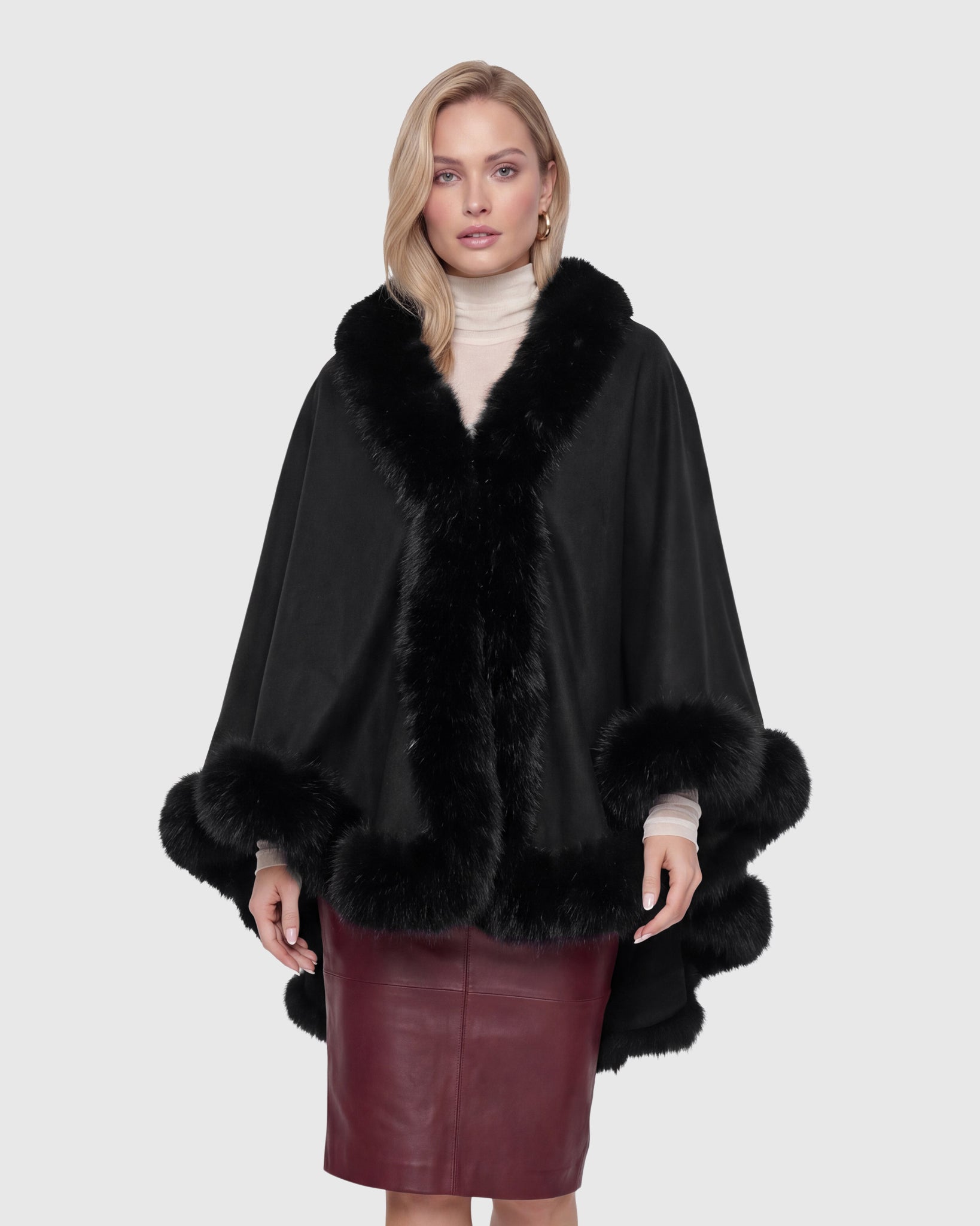 CASHMERE & WOOL BLEND CAPE WITH FUR-FREE FOX (FAUX FUR) TRIM
