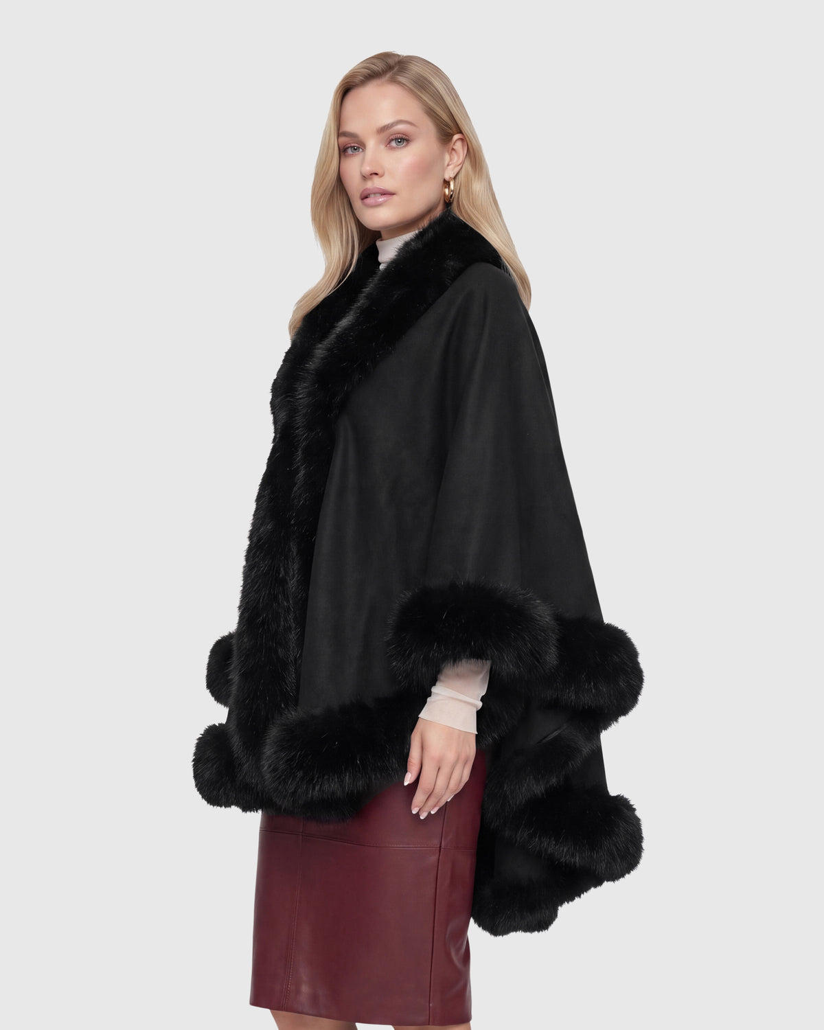CASHMERE & WOOL BLEND CAPE WITH FUR-FREE FOX (FAUX FUR) TRIM