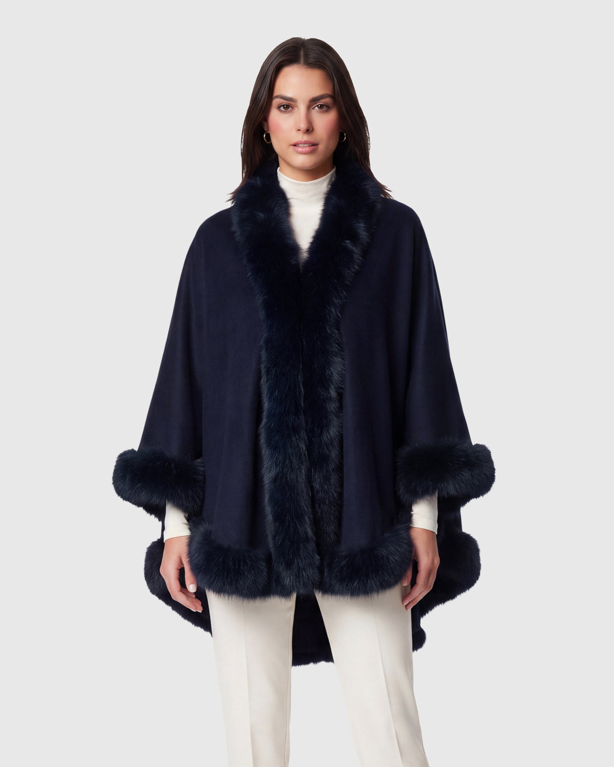 CASHMERE & WOOL BLEND CAPE WITH FUR-FREE FOX (FAUX FUR) TRIM