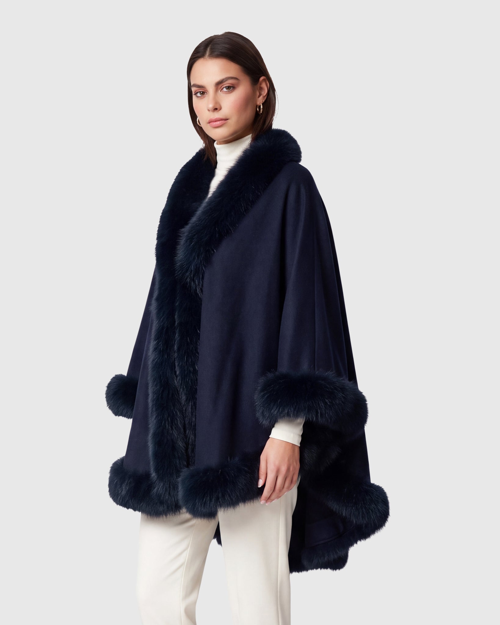 CASHMERE & WOOL BLEND CAPE WITH FUR-FREE FOX (FAUX FUR) TRIM
