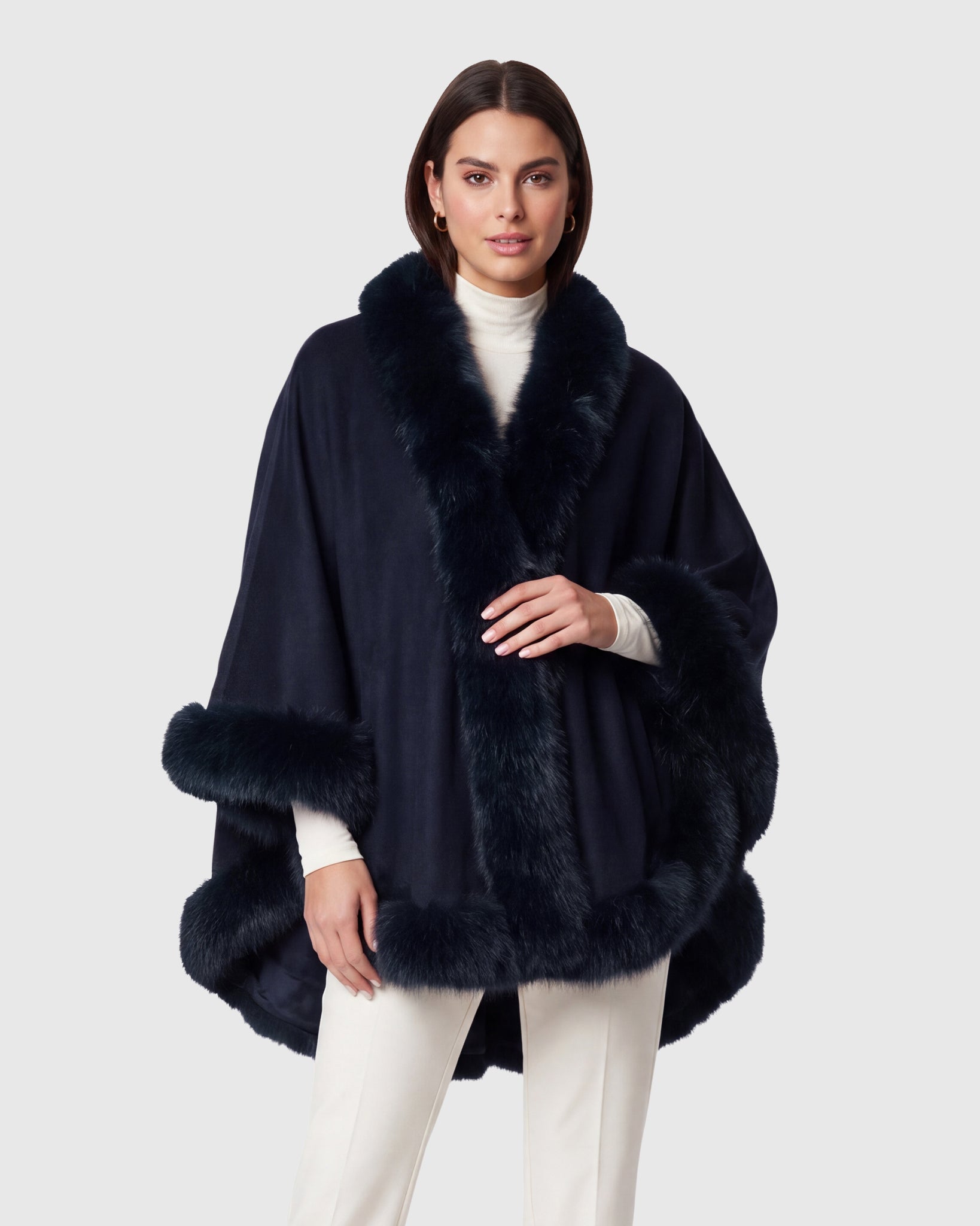 CASHMERE & WOOL BLEND CAPE WITH FUR-FREE FOX (FAUX FUR) TRIM