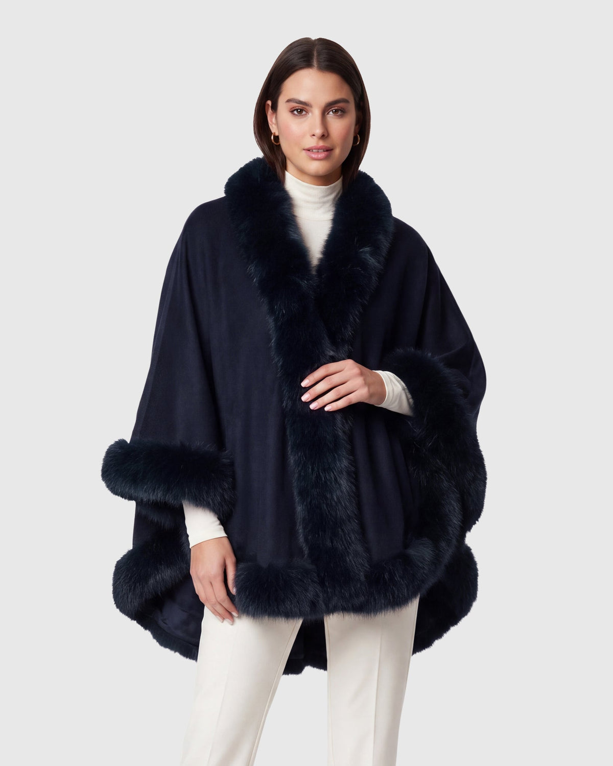 CASHMERE & WOOL BLEND CAPE WITH FUR-FREE FOX (FAUX FUR) TRIM - NAVY