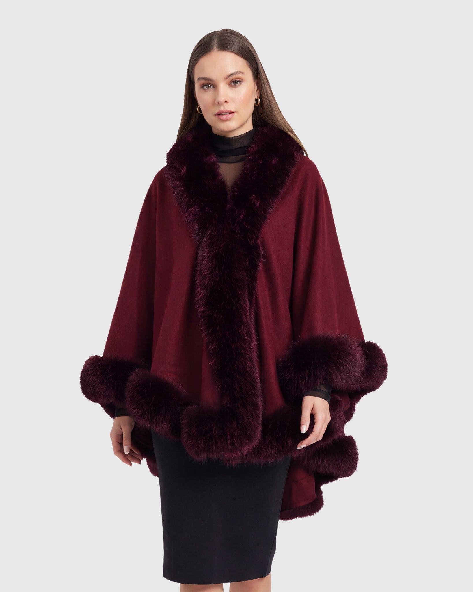 CASHMERE & WOOL BLEND CAPE WITH FUR-FREE FOX (FAUX FUR) TRIM
