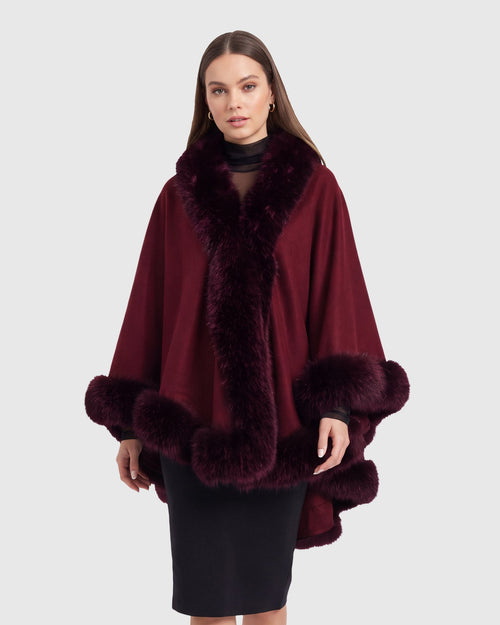 CASHMERE & WOOL BLEND CAPE WITH FUR-FREE FOX (FAUX FUR) TRIM