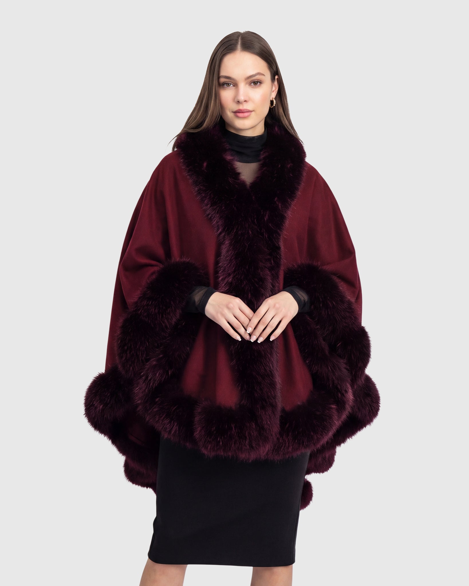 CASHMERE & WOOL BLEND CAPE WITH FUR-FREE FOX (FAUX FUR) TRIM