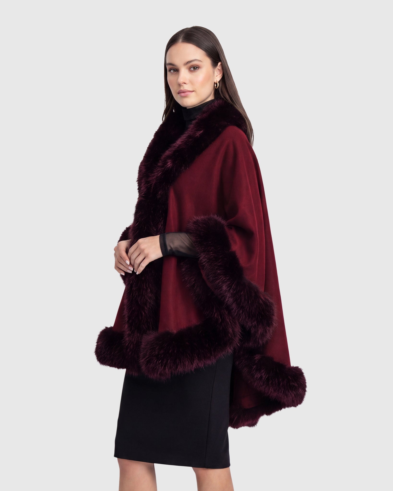 CASHMERE & WOOL BLEND CAPE WITH FUR-FREE FOX (FAUX FUR) TRIM