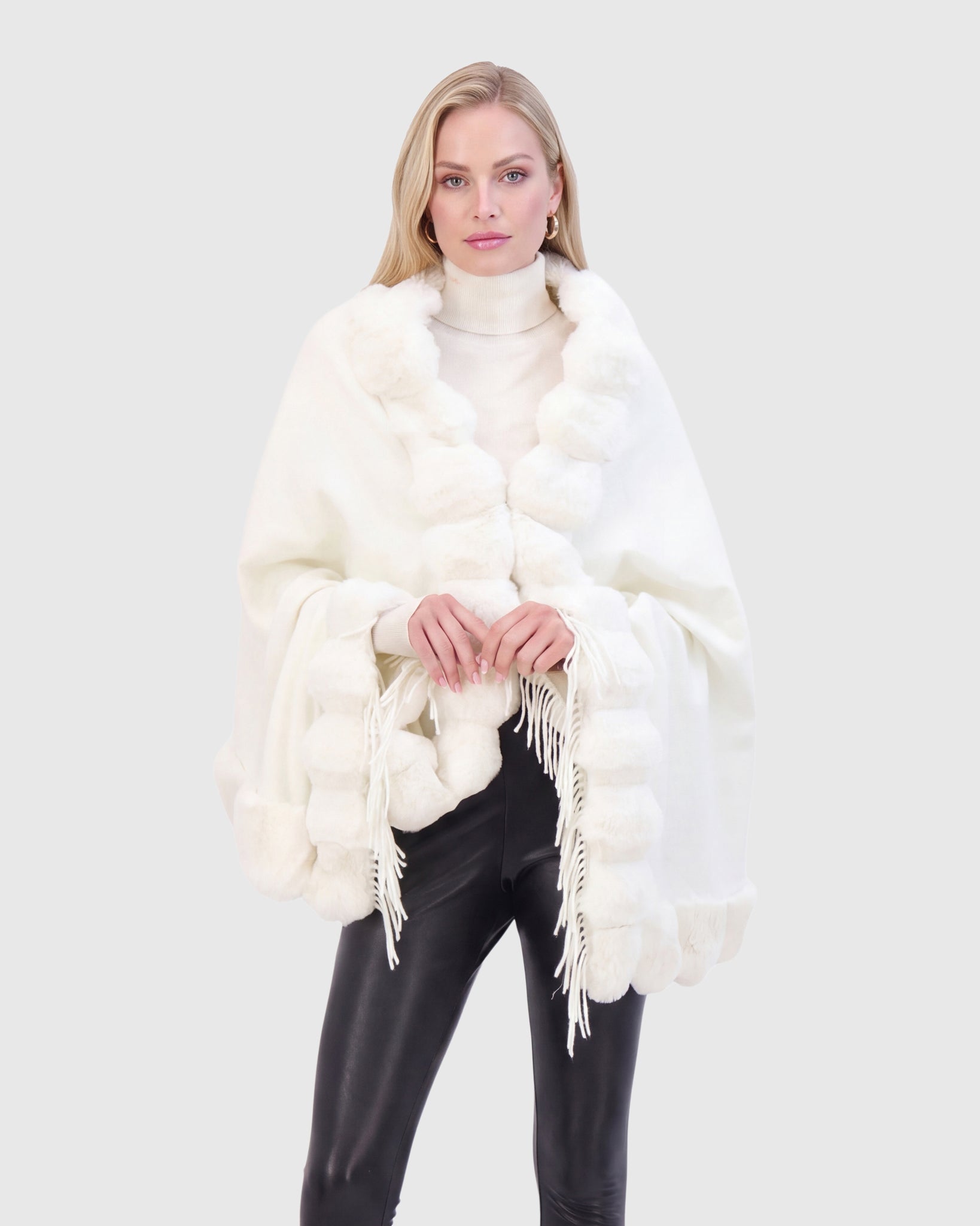 CASHMERE & WOOL BLEND CAPE WITH FUR-FREE CHINCHILLA (FAUX FUR) TRIM)