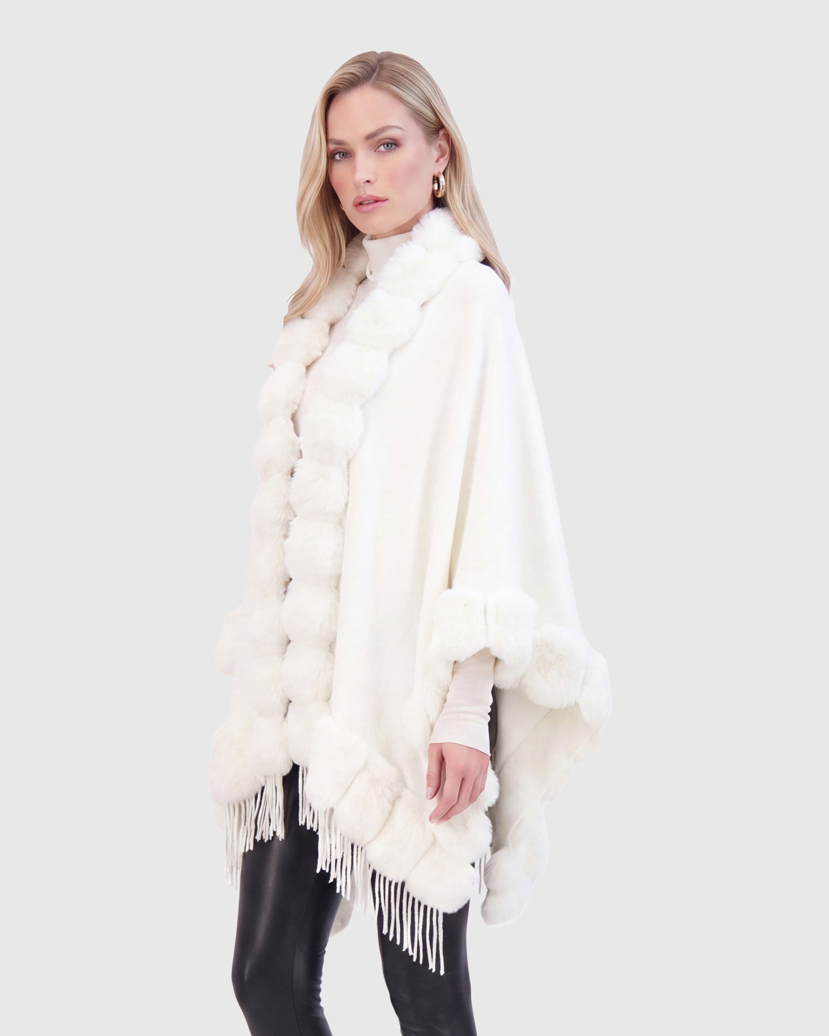 CASHMERE & WOOL BLEND CAPE WITH FUR-FREE CHINCHILLA (FAUX FUR) TRIM)