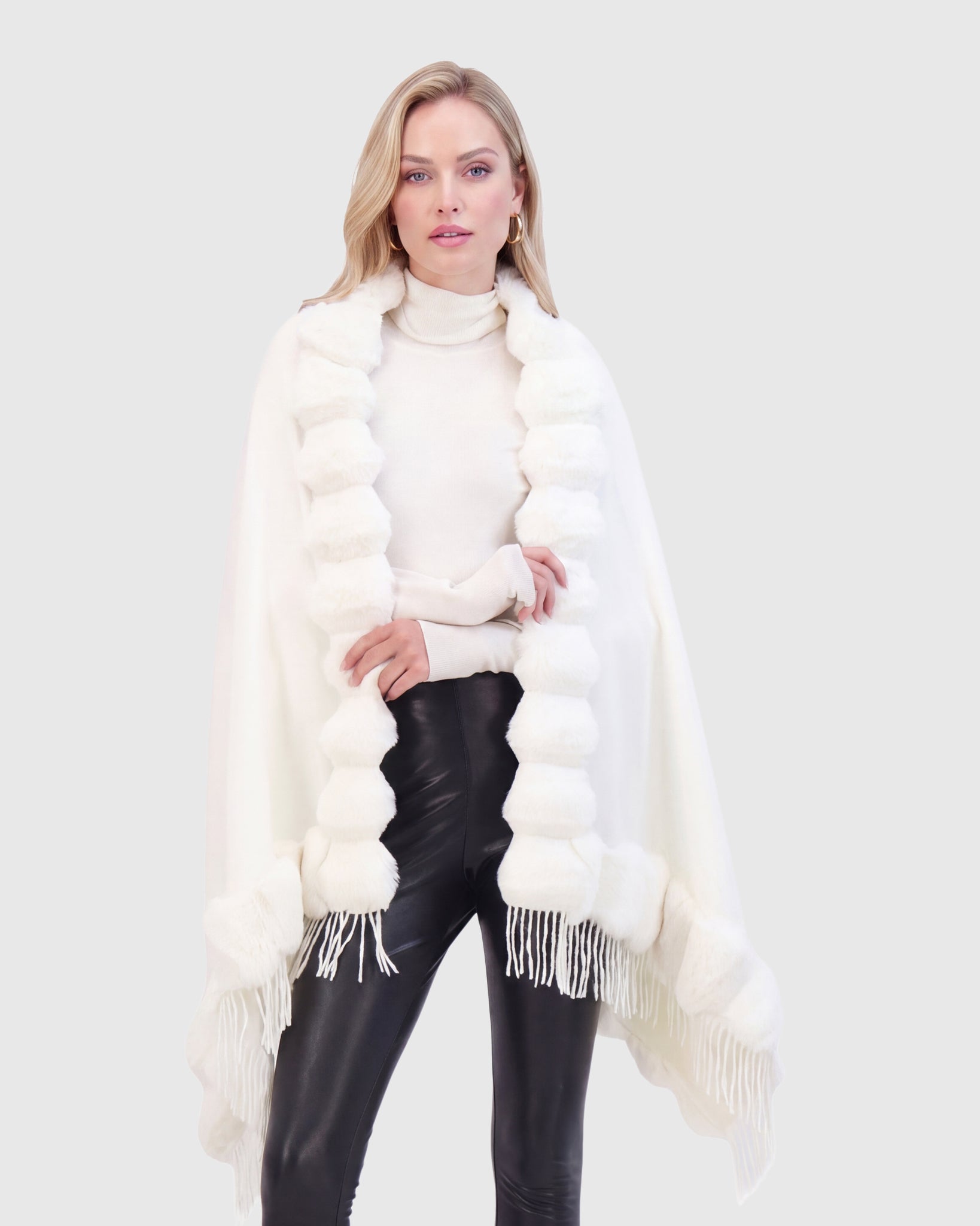 CASHMERE & WOOL BLEND CAPE WITH FUR-FREE CHINCHILLA (FAUX FUR) TRIM)