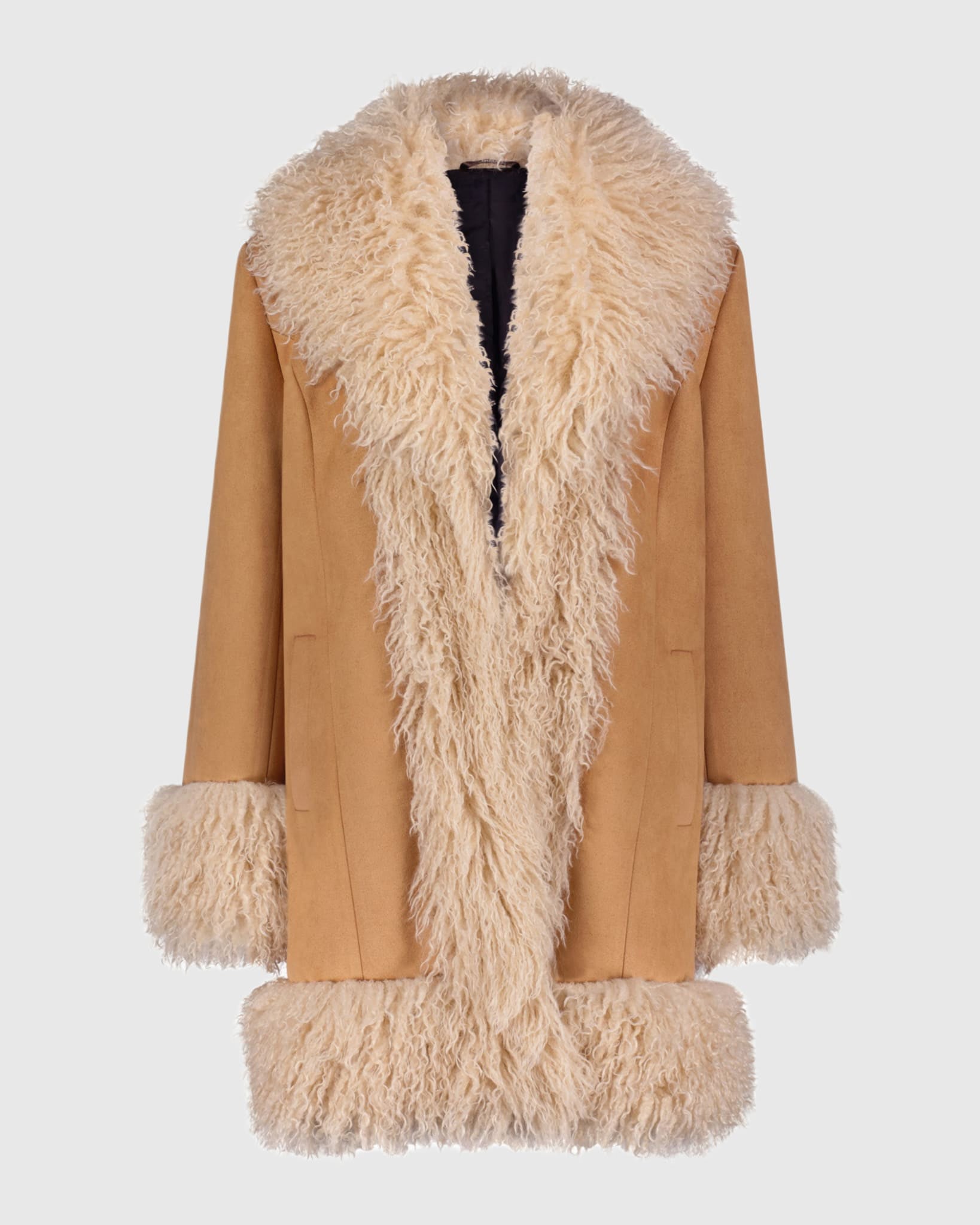 FAUX SUEDE STROLLER WITH FUR-FREE MONGOLIAN LAMB (FAUX FUR) TUXEDO & CUFFS