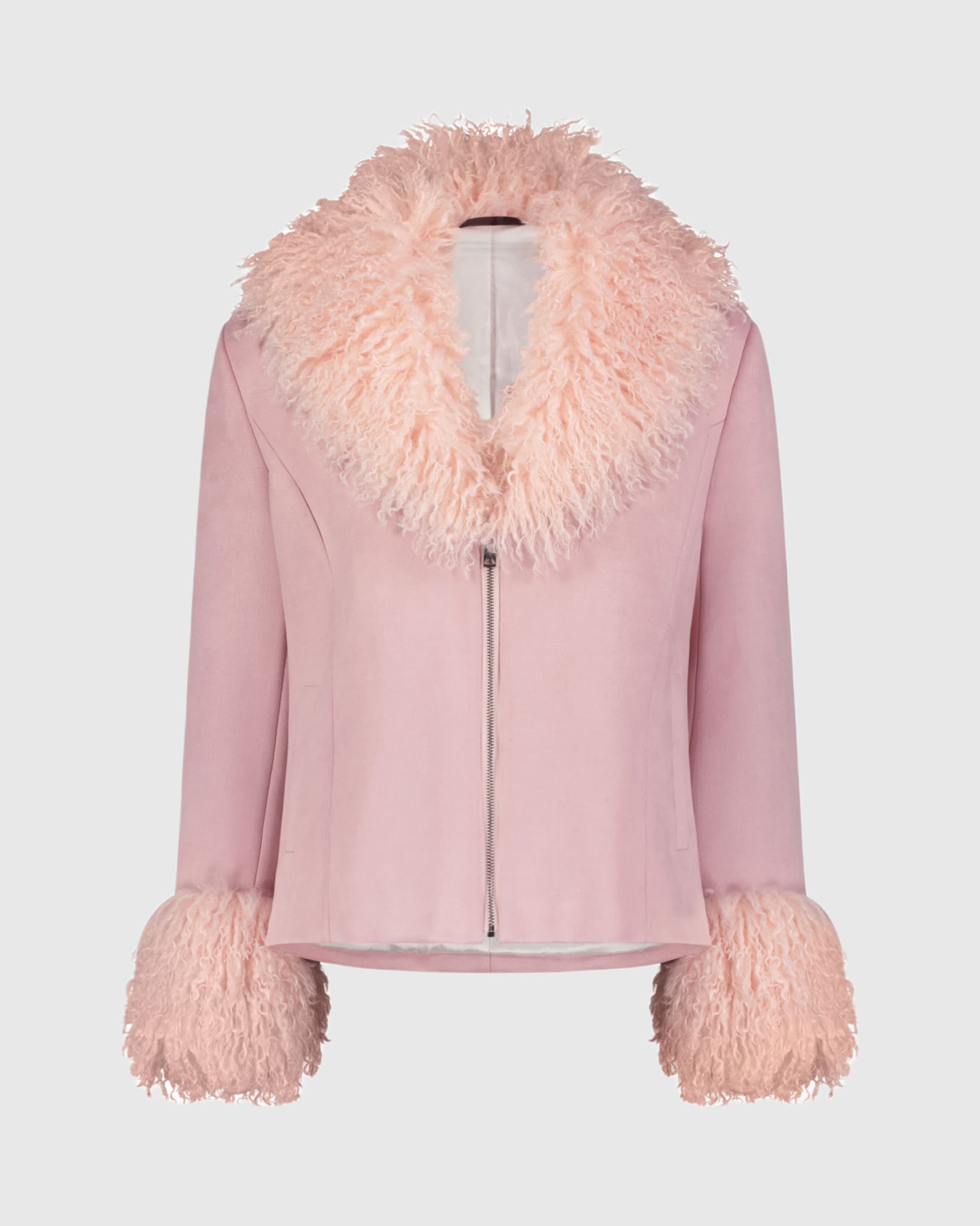 FAUX SUEDE JACKET WITHFUR-FREE MONGOLIAN LAMB (FAUX FUR) COLLAR & CUFFS