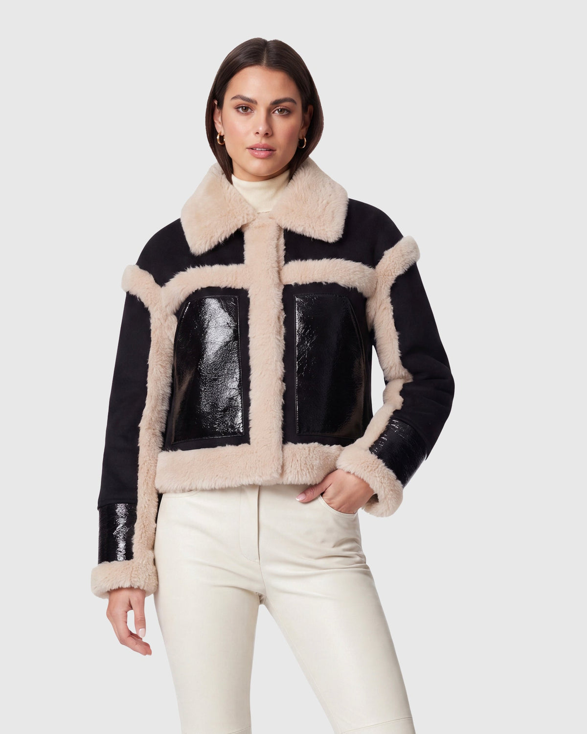 JACKET WITH FUR-FREE SHEARLING (FAUX FUR) TRIM - BLACK/BEIGE