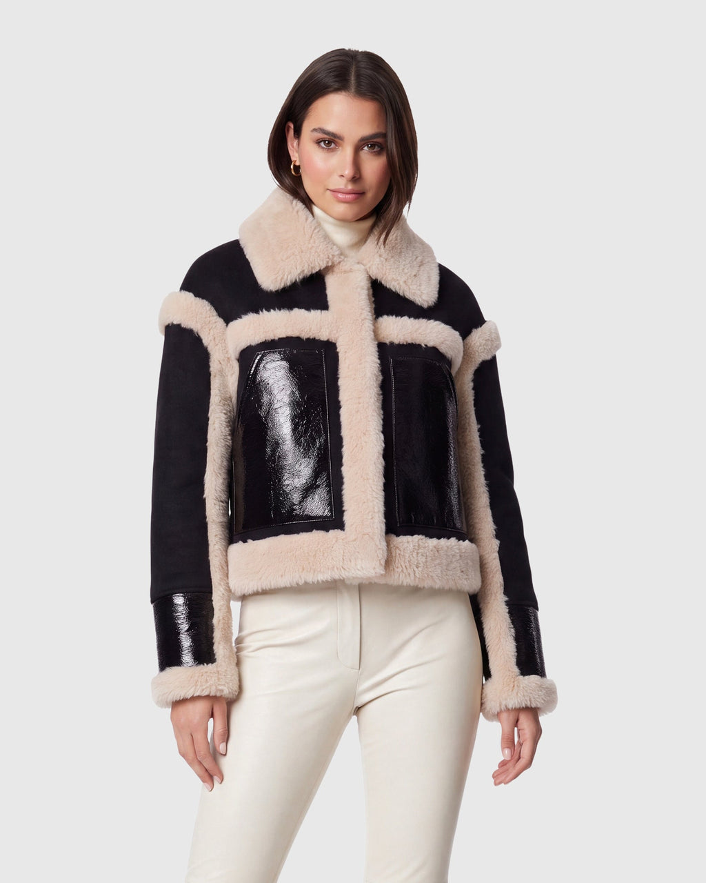 JACKET WITH FUR-FREE SHEARLING (FAUX FUR) TRIM - BLACK/BEIGE
