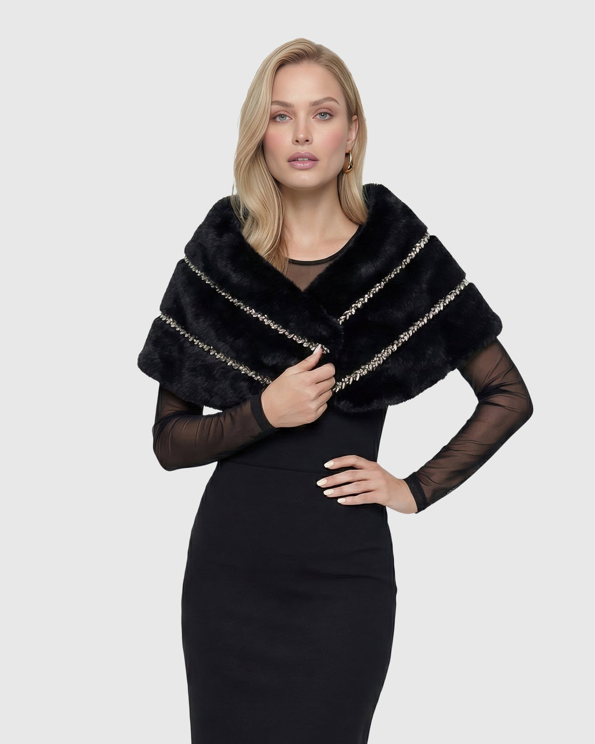 FUR-FREE MINK (FAUX FUR) STOLE WITH RHINESTONE INSERTS - BLACK