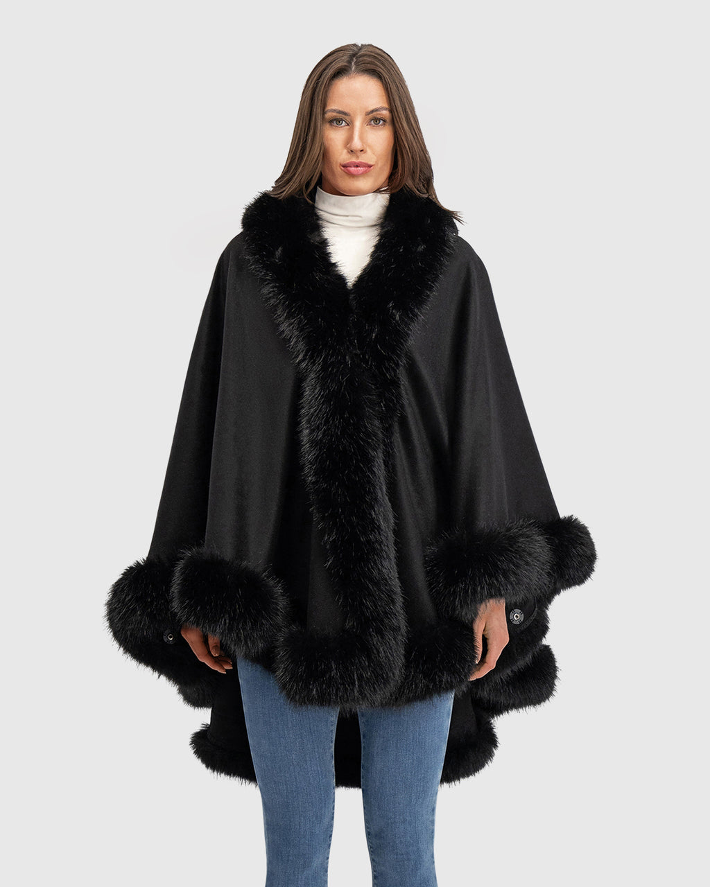 CASHMERE & WOOL BLEND CAPE WITH FUR-FREE FOX (FAUX FUR) TRIM